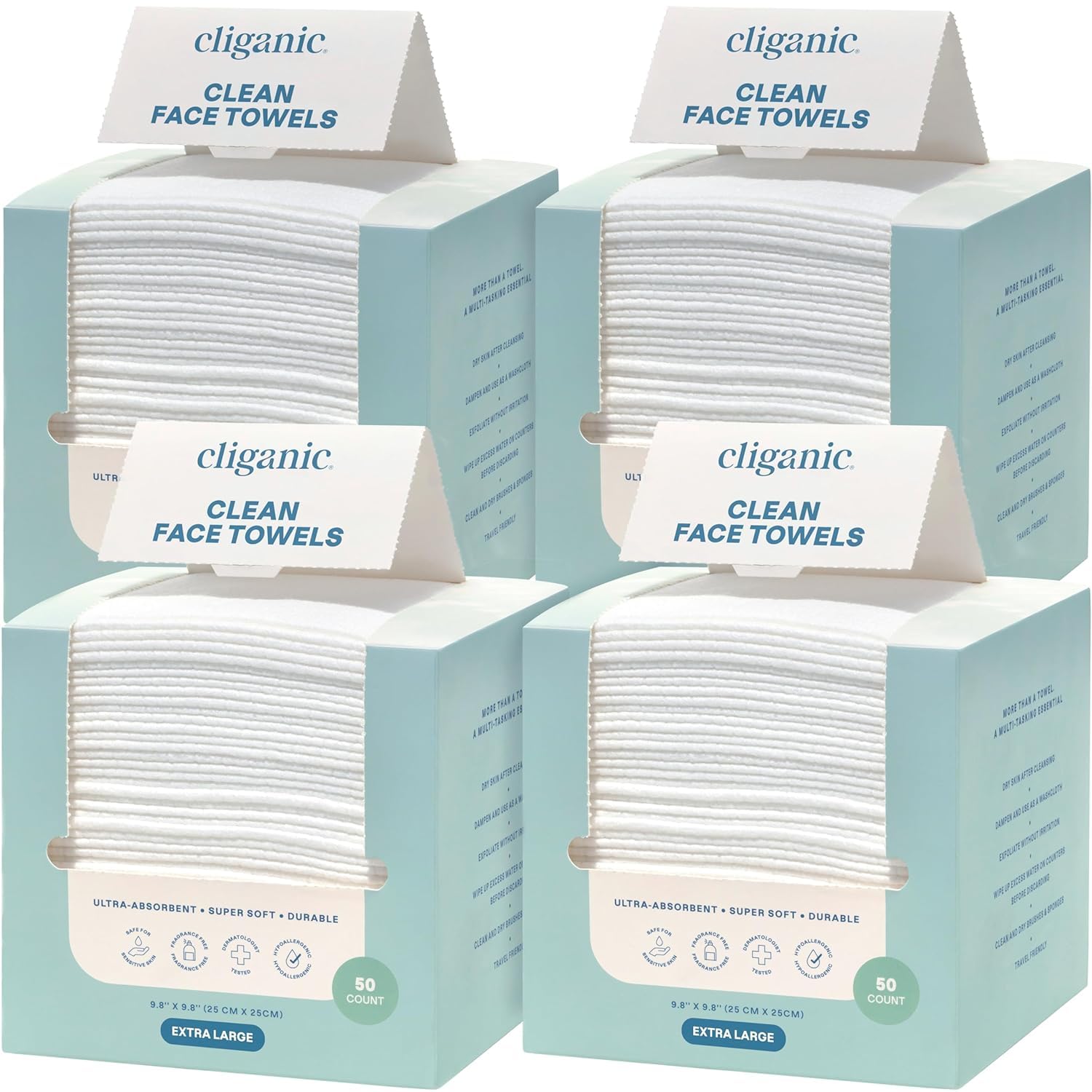 Cliganic Clean Face Towels XL bulk pack front view for hygienic skincare.