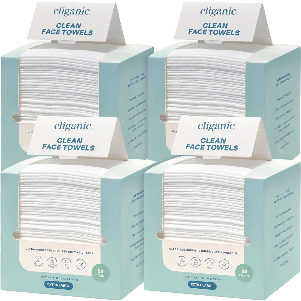 Cliganic Clean Face Towels XL bulk pack front view for hygienic skincare.