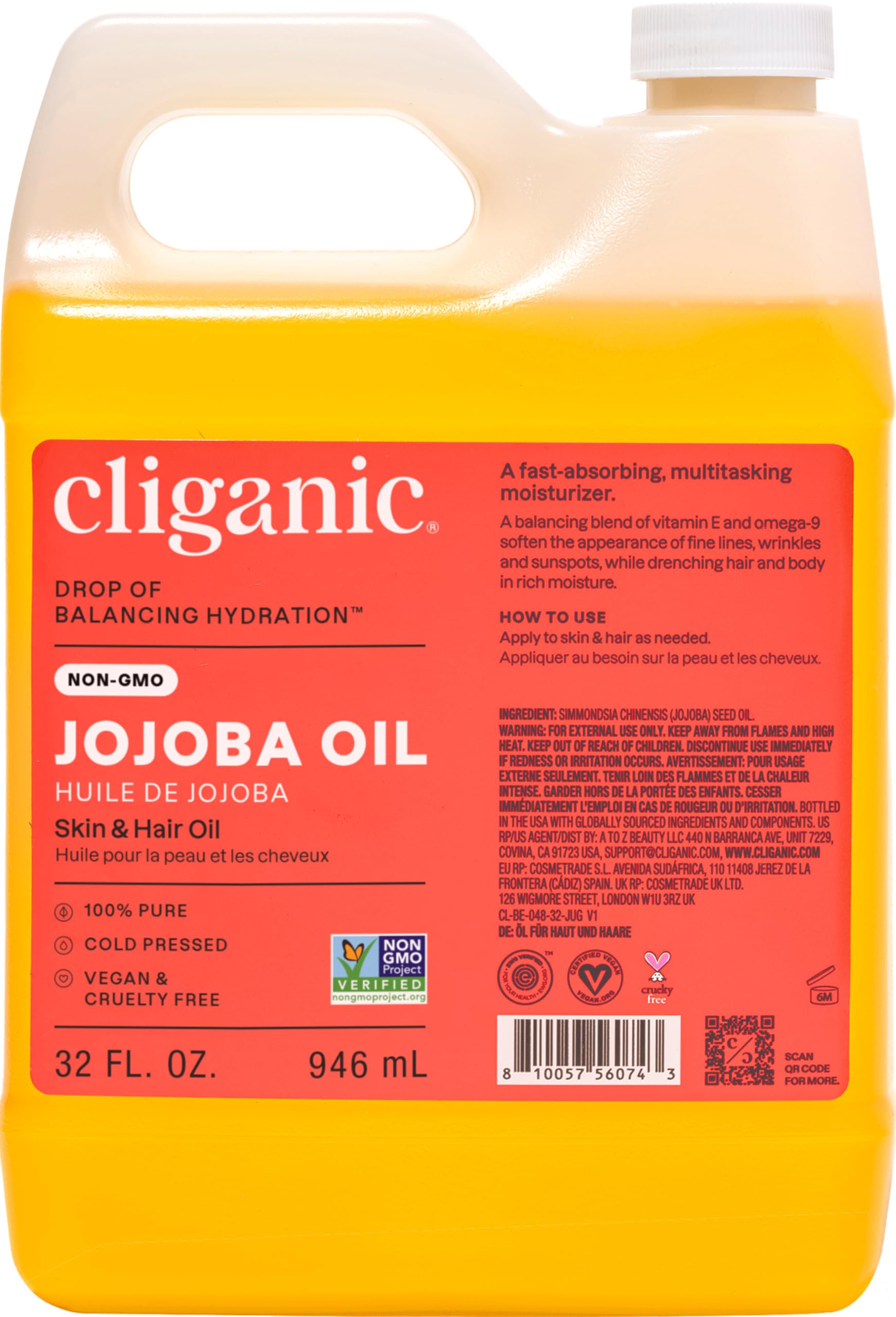 Cliganic jojoba oil 32oz bulk bottle for DIY beauty use