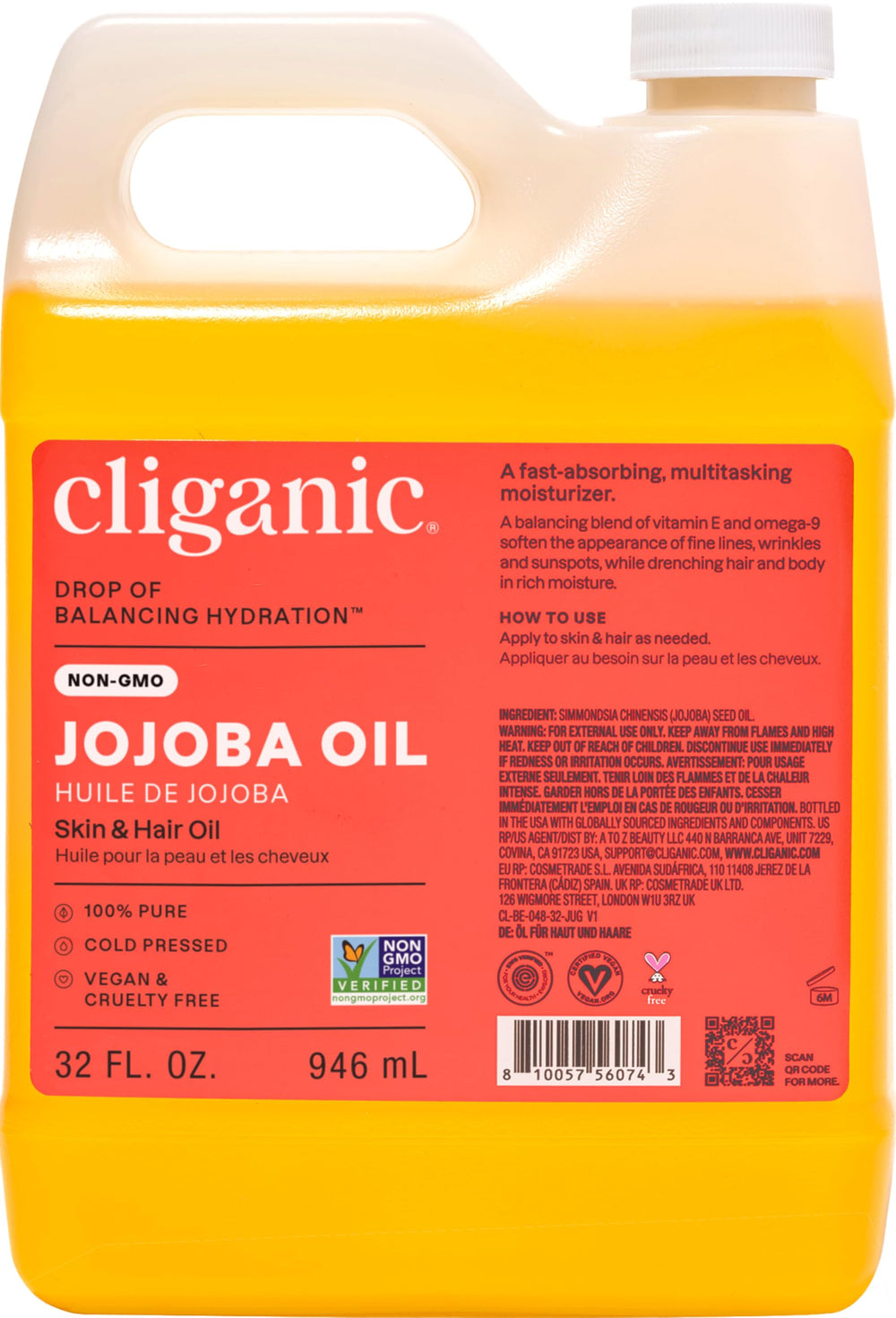 Cliganic jojoba oil 32oz bulk bottle for DIY beauty use