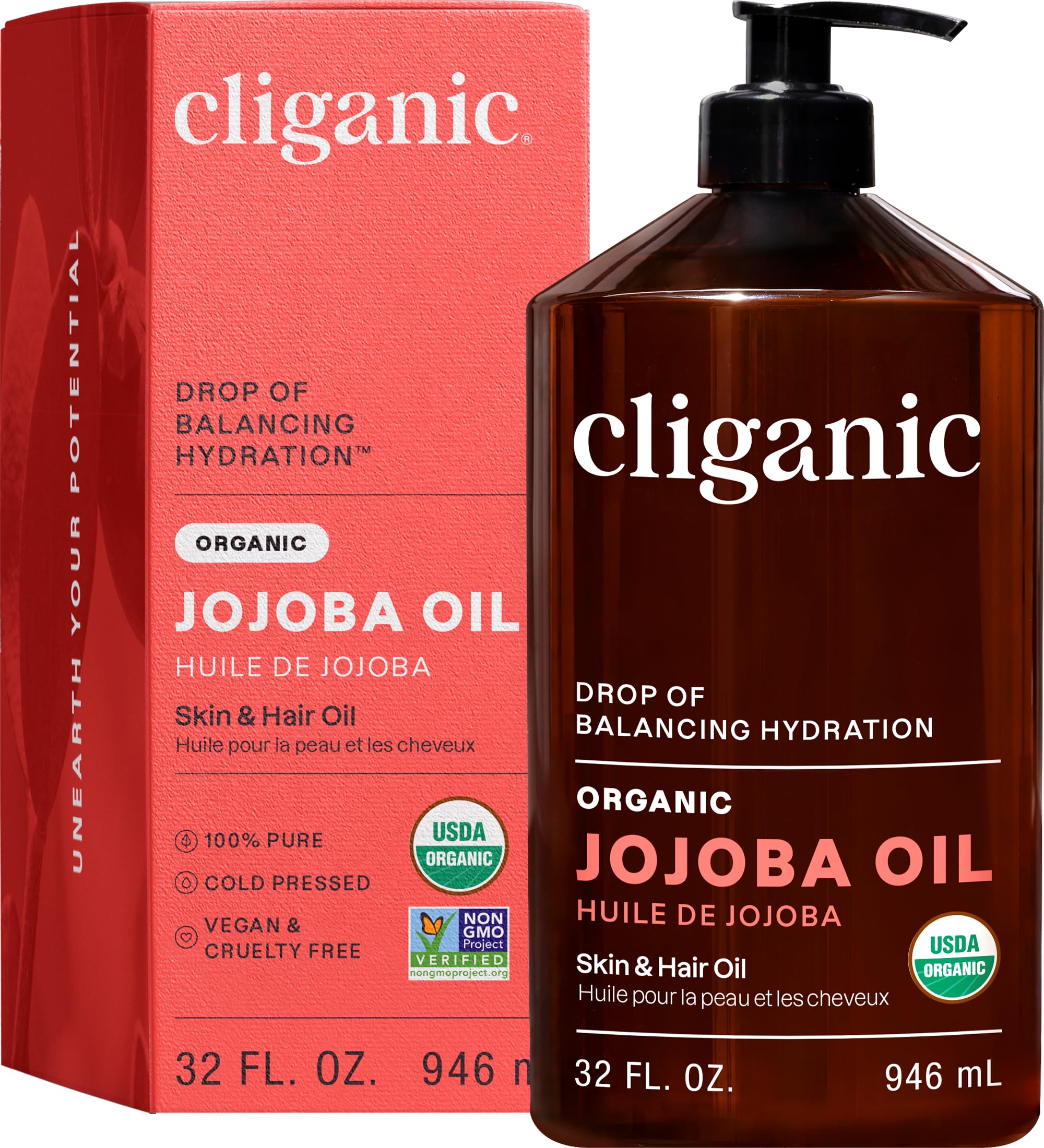 Cliganic jojoba oil 32 oz bulk pump bottle for easy dispensing in daily routines.