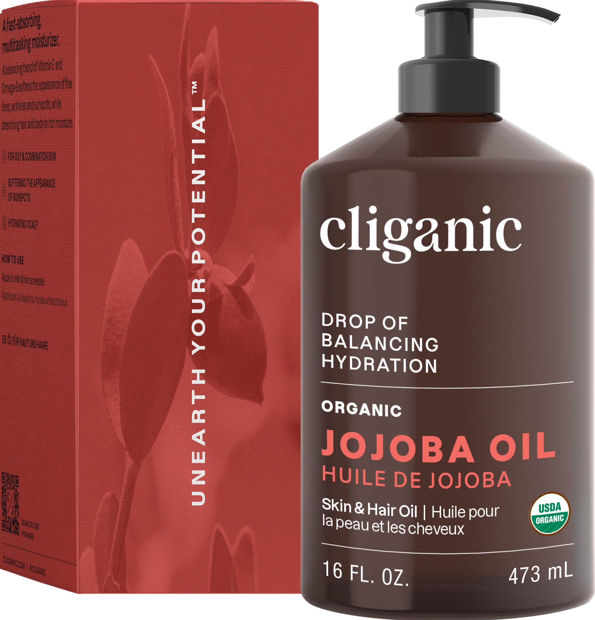 Cliganic Jojoba Oil ingredients closeup highlights single-ingredient purity.