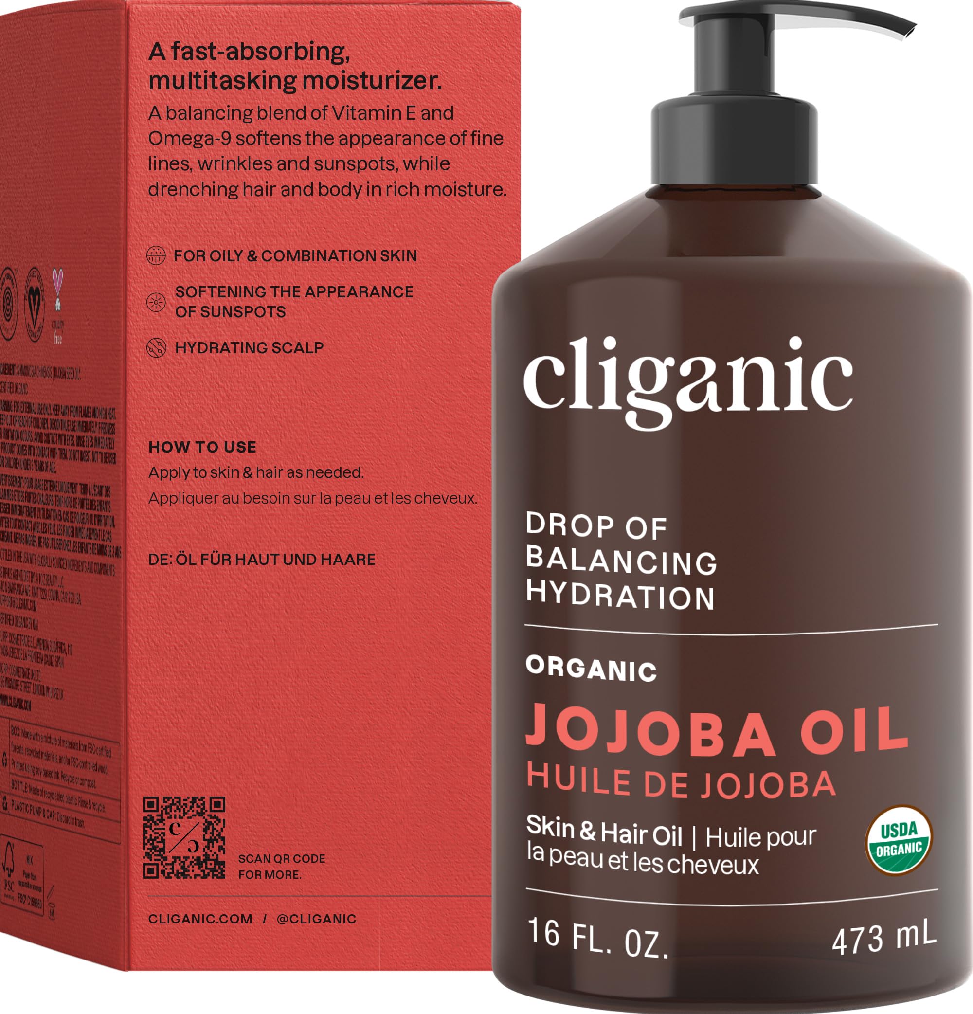 Cliganic Jojoba Oil storage bottle emphasizes sustainable sourcing and shelf stability.