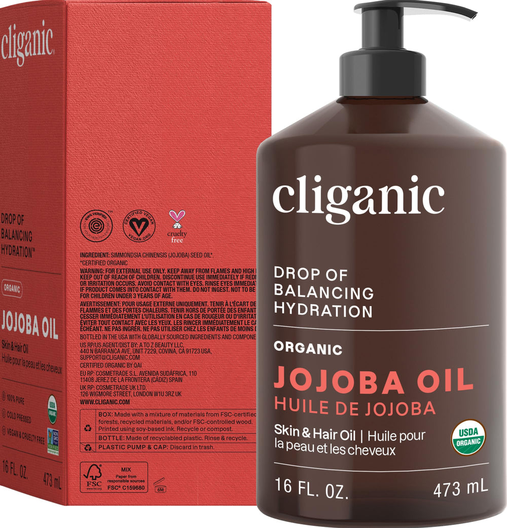 Cliganic Jojoba Oil vegan cruelty-free badge reinforces ethical beauty choice.