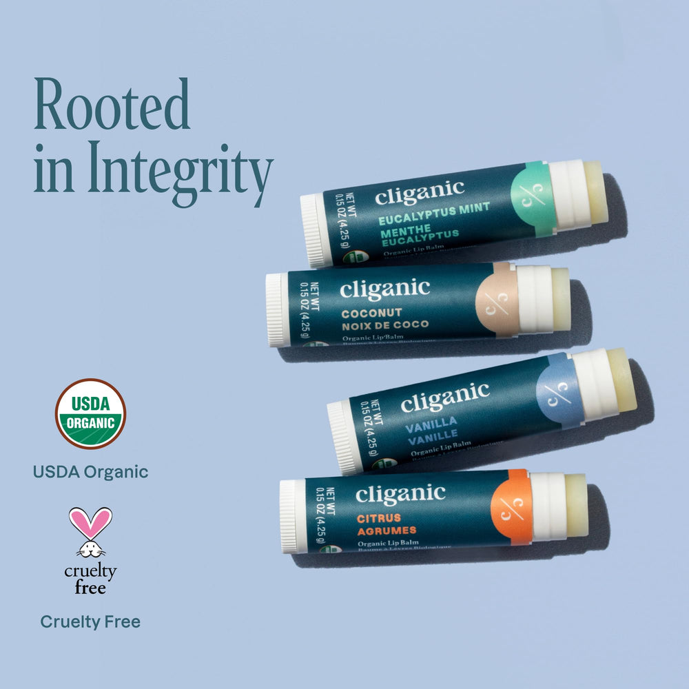 Ingredients panel for Cliganic lip balms showing 100% natural formulation.