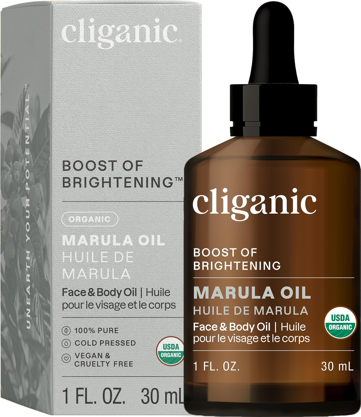 Cliganic Aceite de Marula, frasco con gotero, hidratación rápida para piel y cabello.