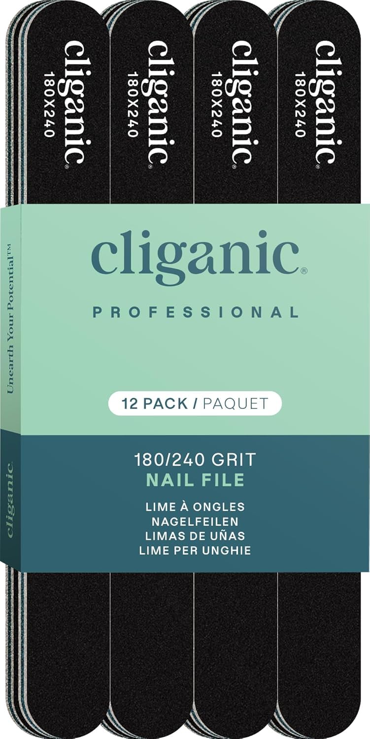 Cliganic 12-pack nail file set with 180/240 grit for versatile shaping and finishing.
