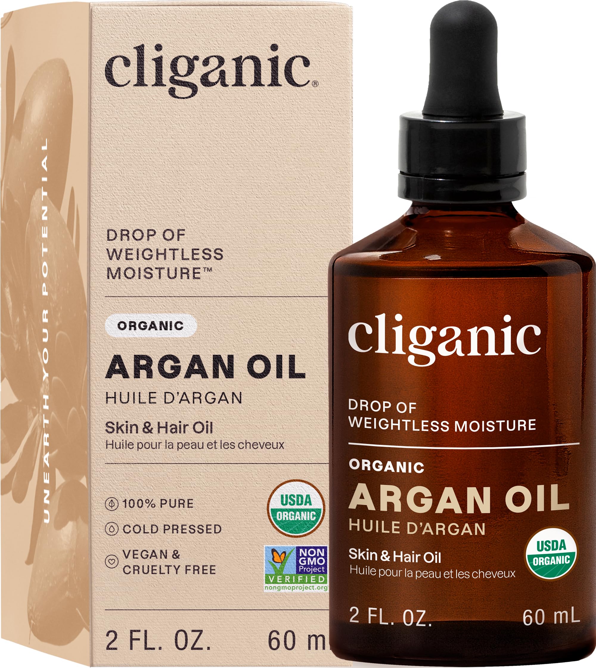 Cliganic Organic Argan Oil bottle front, versatile for hair and skin care.