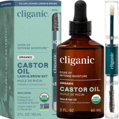 Cliganic Organic Castor Oil 2oz bottle with pure oil for lashes, brows, and skin.