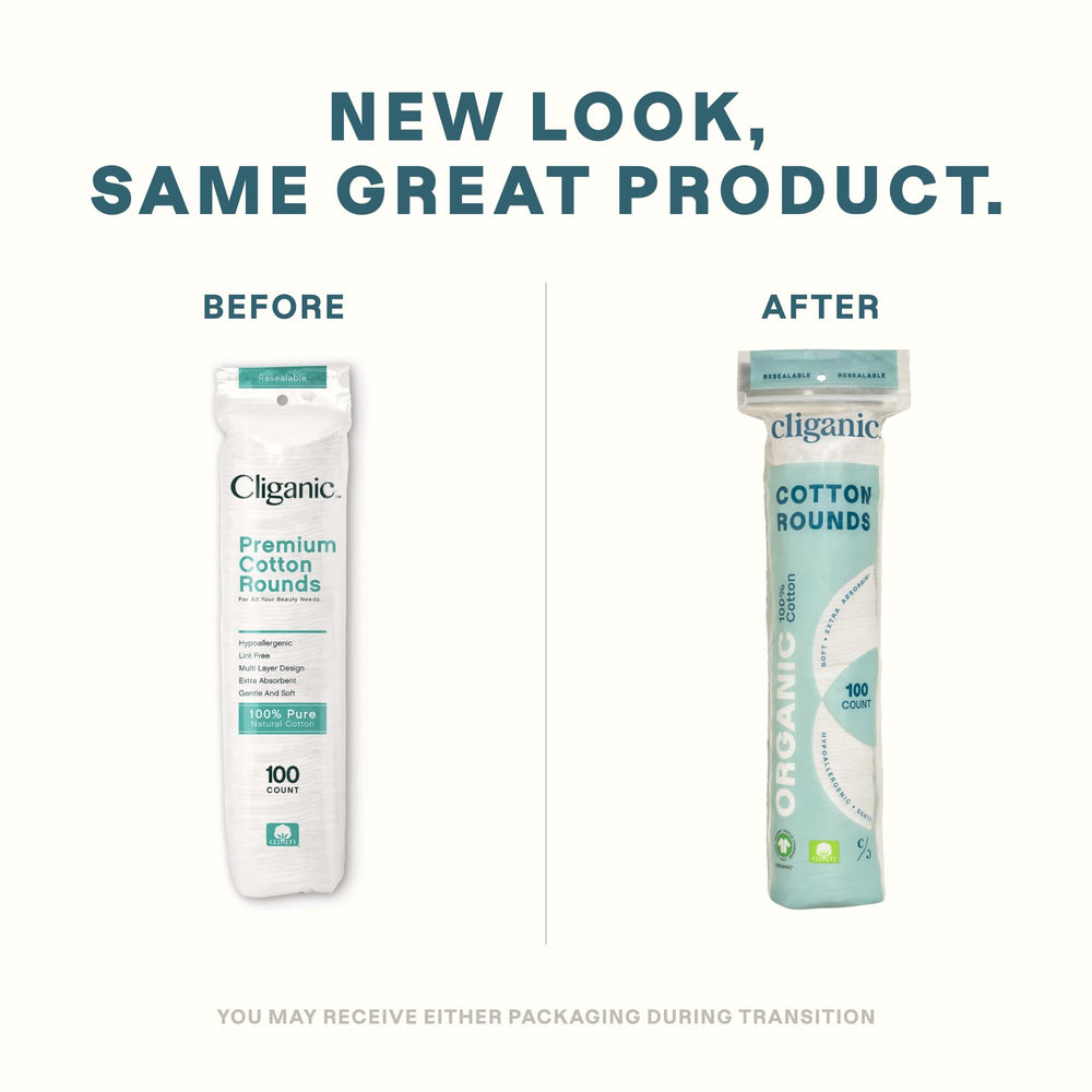 Cliganic Organic Cotton Rounds 300-count three-pack for daily skincare routines.