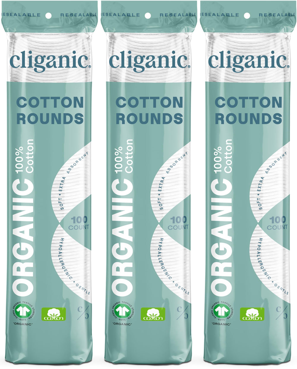 Cliganic Organic Cotton Rounds packaging varies for eco-friendly makeup removal.
