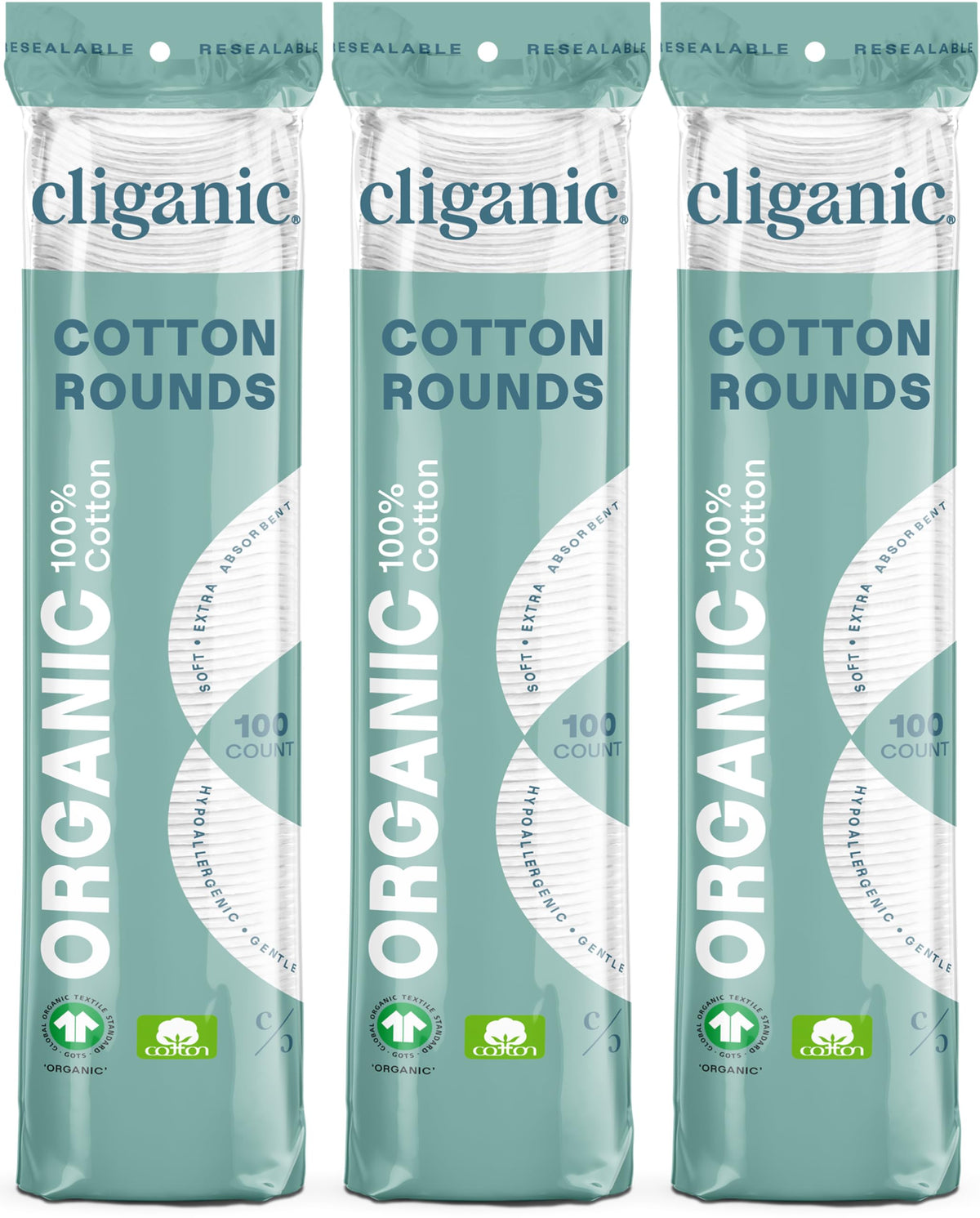 Cliganic Organic Cotton Rounds packaging varies for eco-friendly makeup removal.