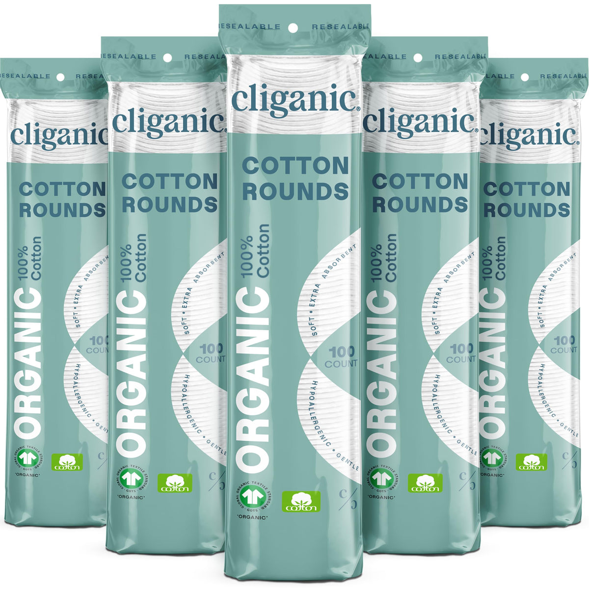 Cliganic Organic Cotton Rounds packaging varies to reflect eco-friendly branding and sustainable packaging.