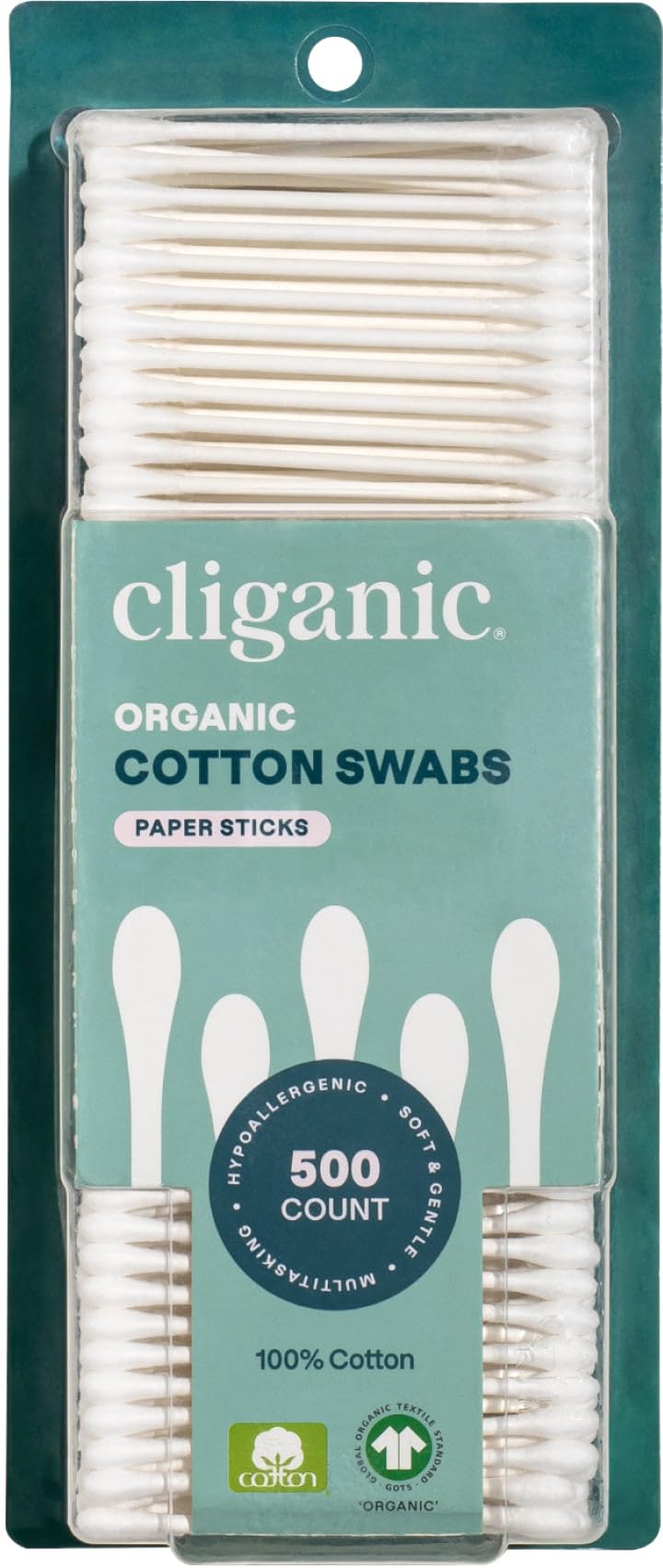 Cliganic organic cotton swabs 500-count pack for everyday precision and gentleness.