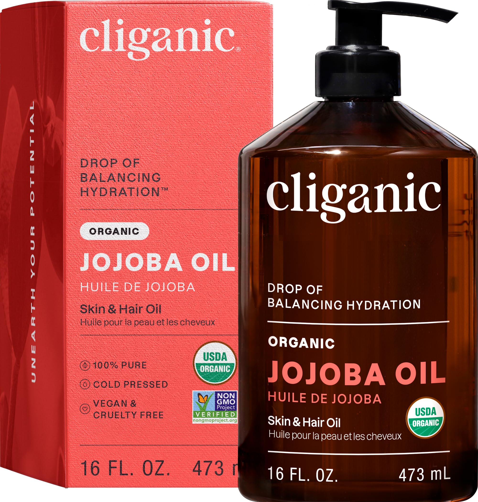 Cliganic Organic Jojoba Oil 16oz bottle demonstrates premium carrier oil for skin and hair hydration.