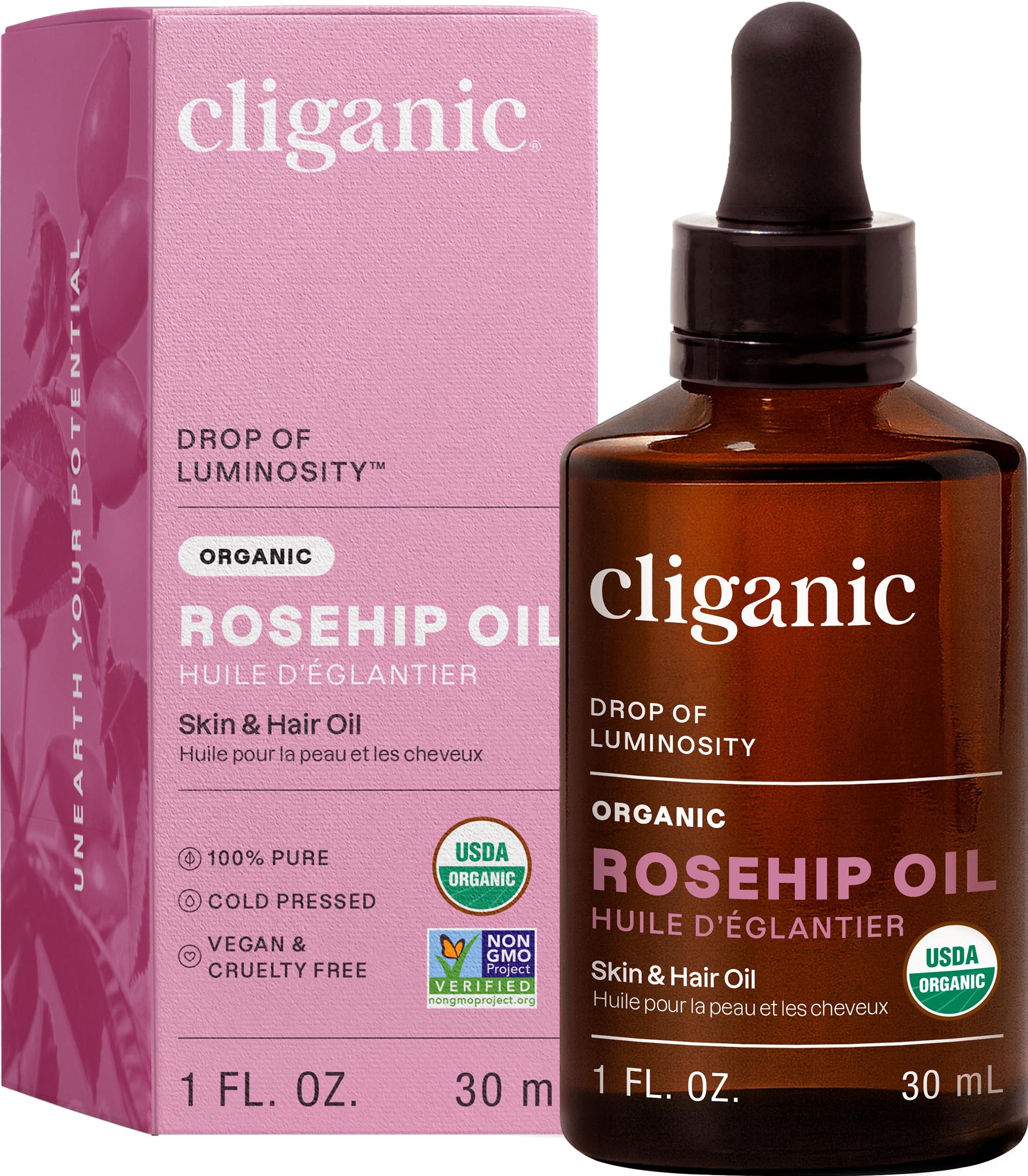 Cliganic Rosehip Seed Oil bottle for facial care and hydration.