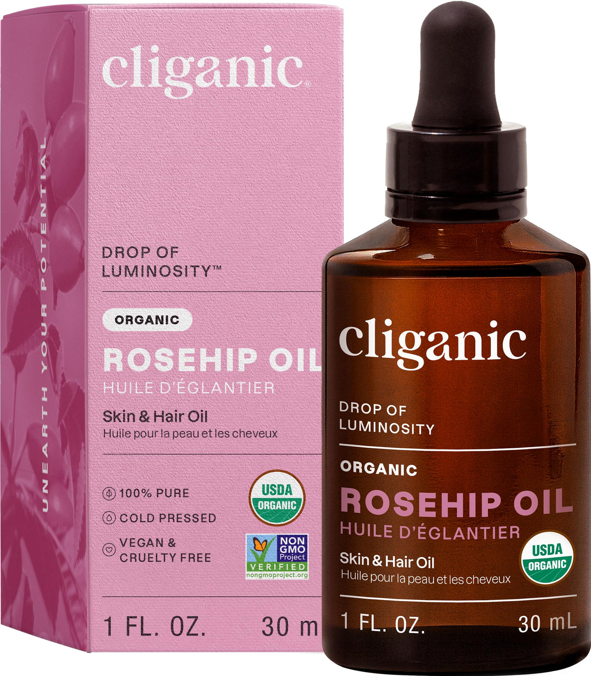 Cliganic Rosehip Seed Oil bottle for facial care and hydration.