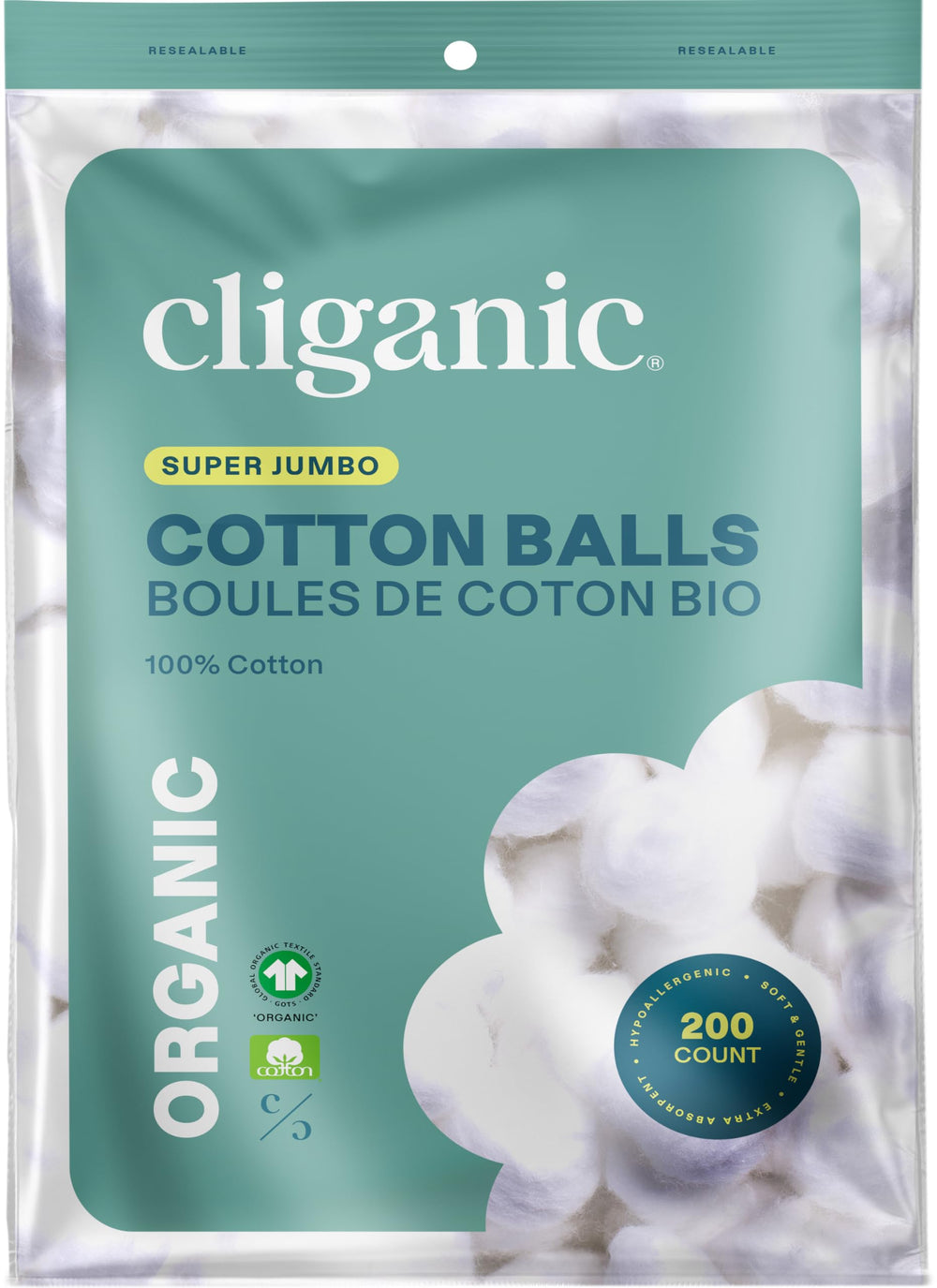 Cliganic Organic Super Jumbo Cotton Balls 200 count for makeup removal and skincare