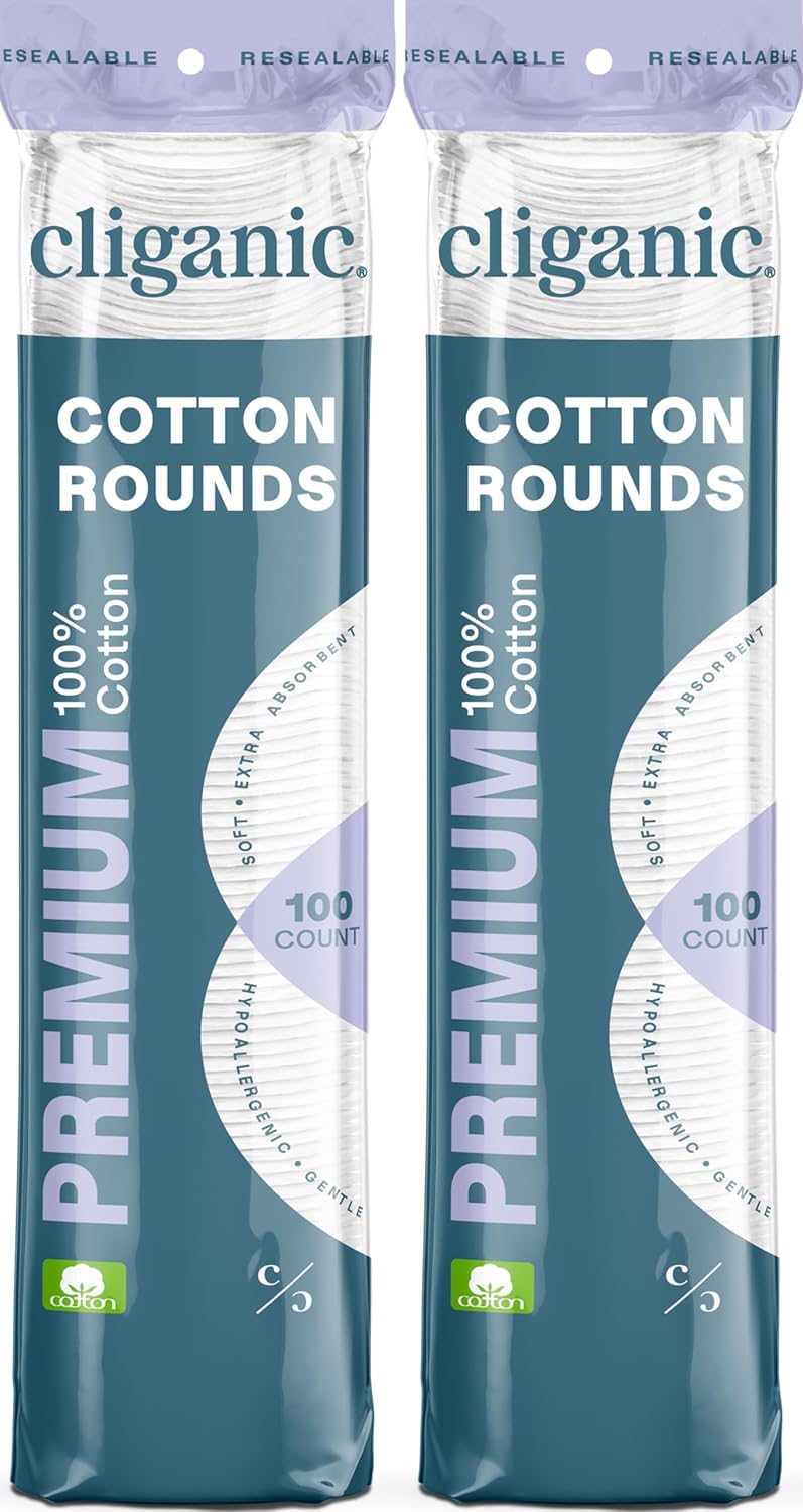 Cliganic Premium Cotton Rounds for Face packaging image, showing soft, lint-free presentation.