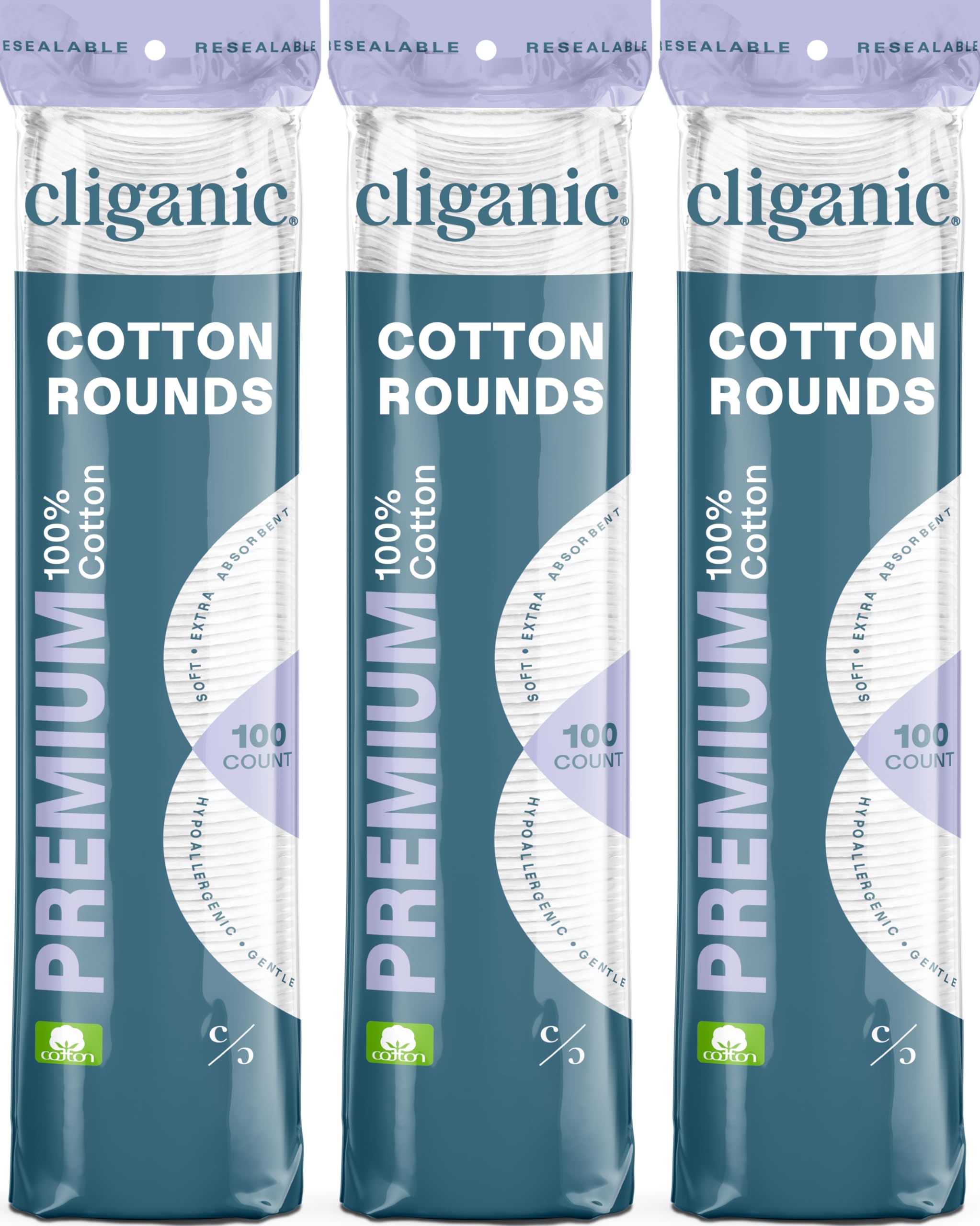Cliganic Premium Cotton Rounds packaging shown for easy makeup removal.