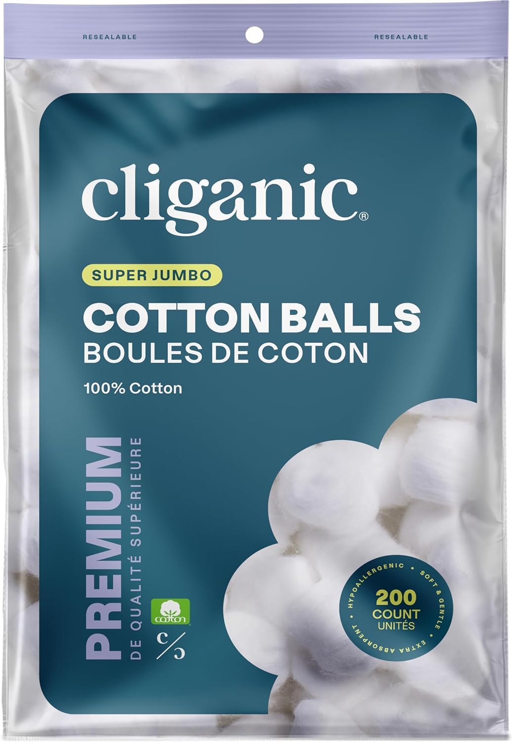 Cliganic Super Jumbo Cotton Balls in a 200-count pack for gentle skincare and makeup removal.