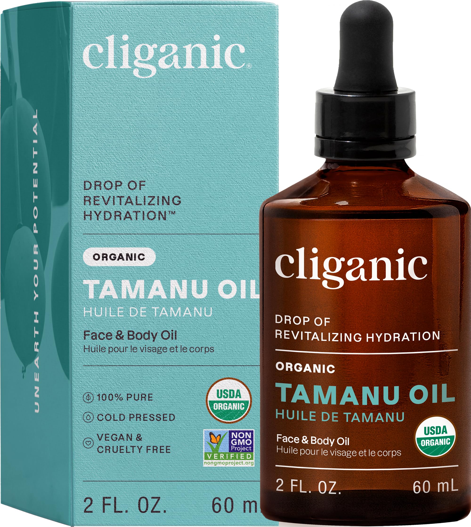 Aceite de Tamanu Cliganic en botella para rostro, cabello y piel.