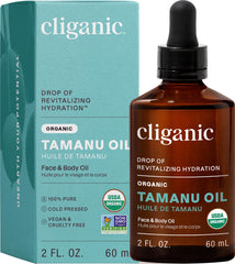 Aceite de Tamanu Cliganic en botella para rostro, cabello y piel.