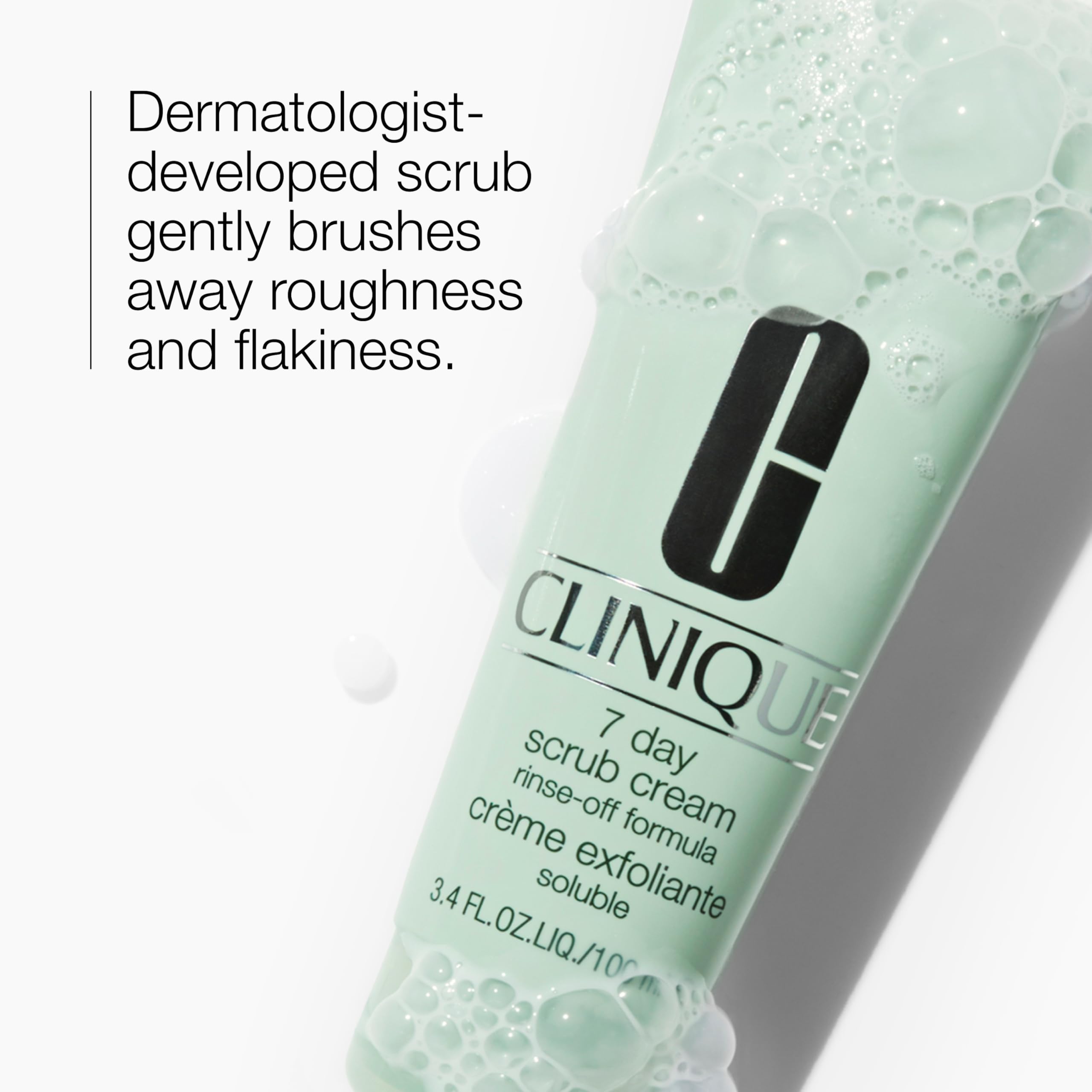 Clinique 7 Day Daily Gentle Exfoliator cream texture close-up shows gentle silica exfoliation.