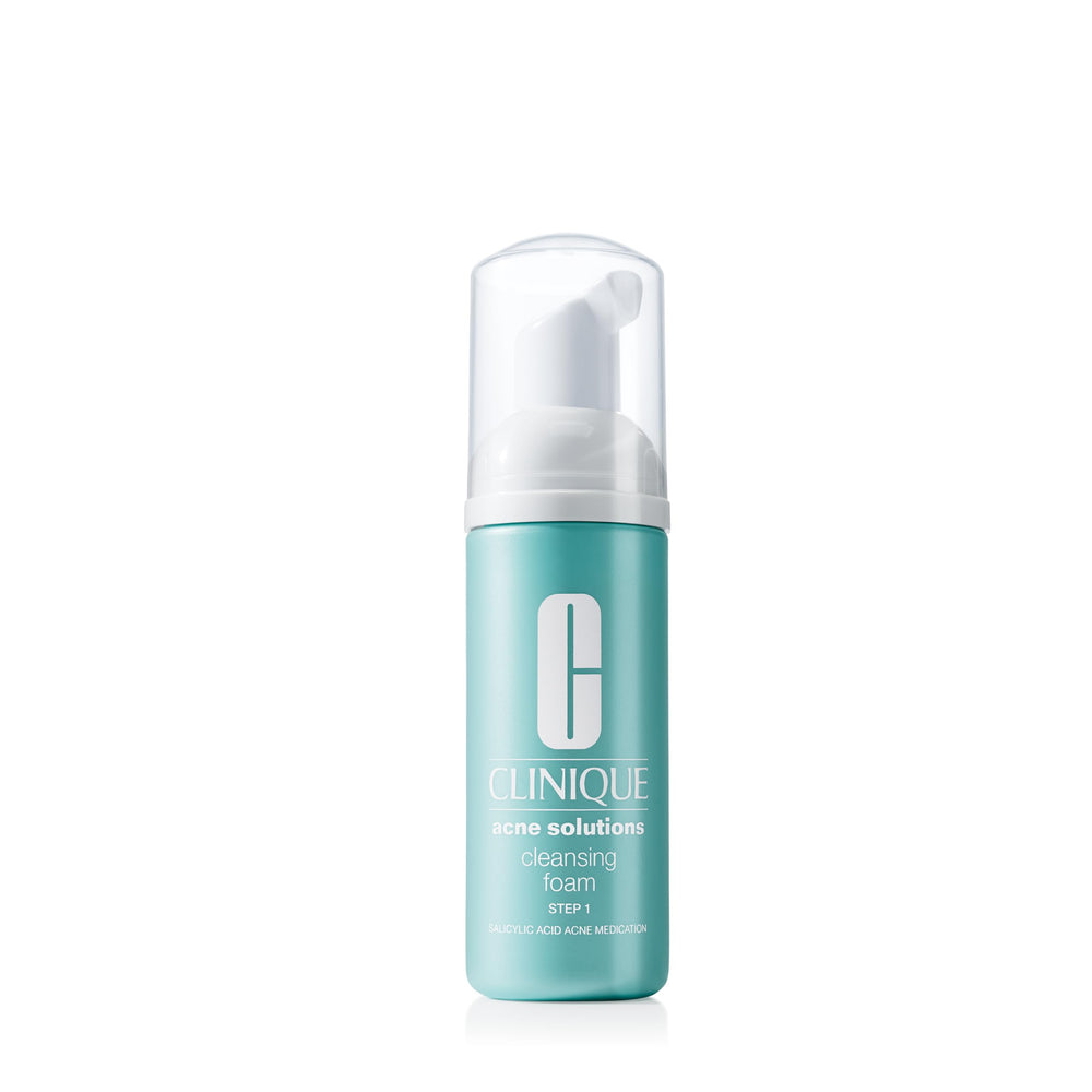 Clinique Acne Solutions Daily Foam Cleanser bottle delivering gentle cleansing for all skin types.