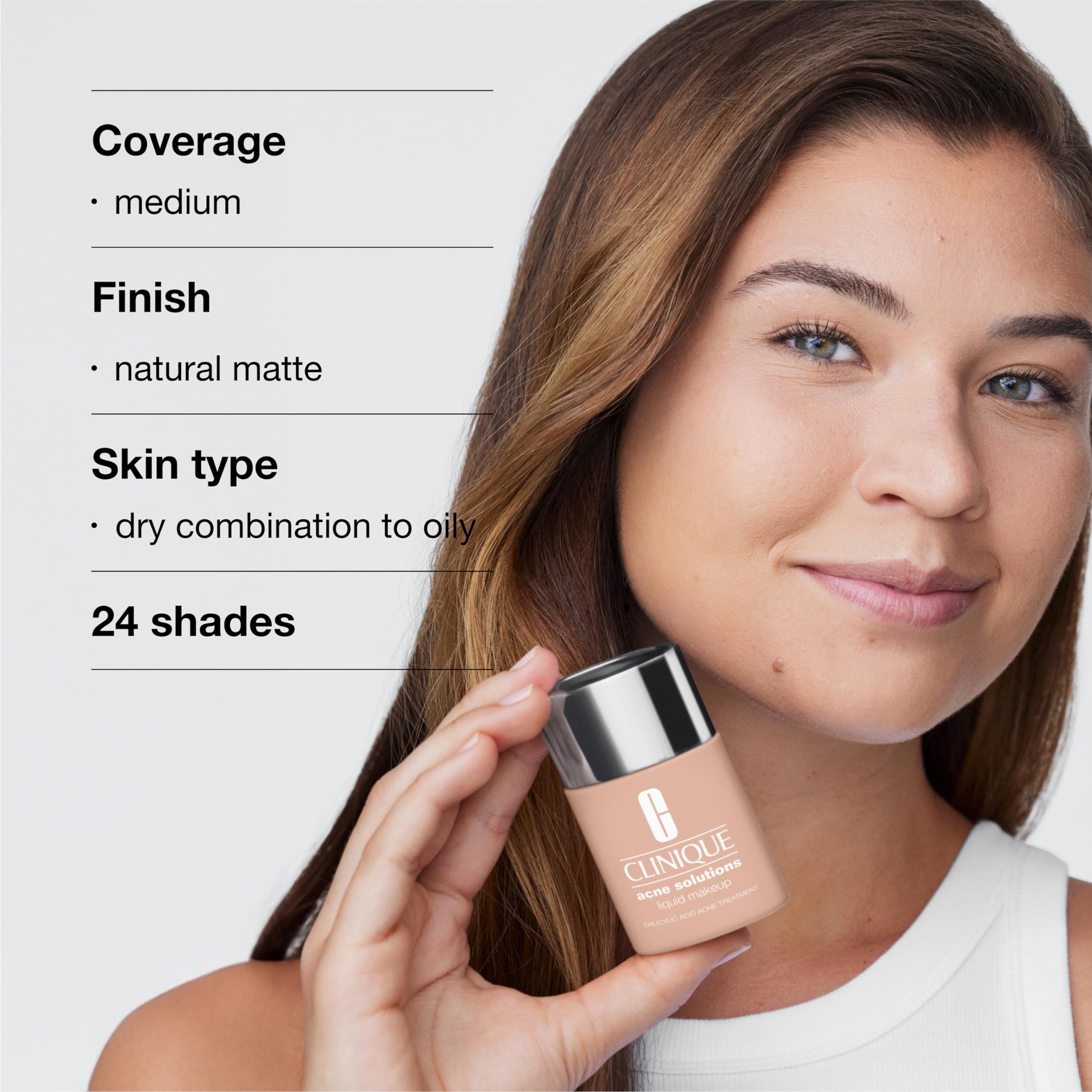 Clinique Acne Solutions Liquid Foundation packaging box highlighting fragrance-free and dermatologist-tested labeling.