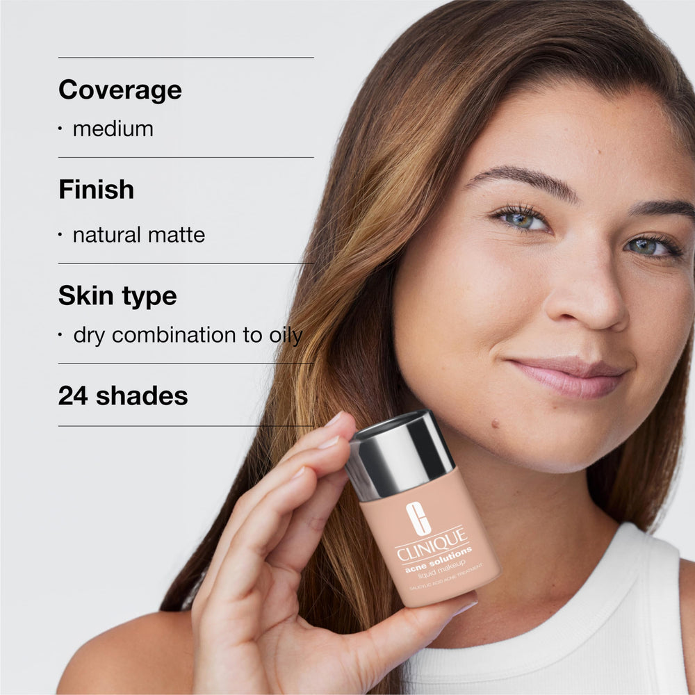 Clinique Acne Solutions Liquid Foundation packaging box highlighting fragrance-free and dermatologist-tested labeling.