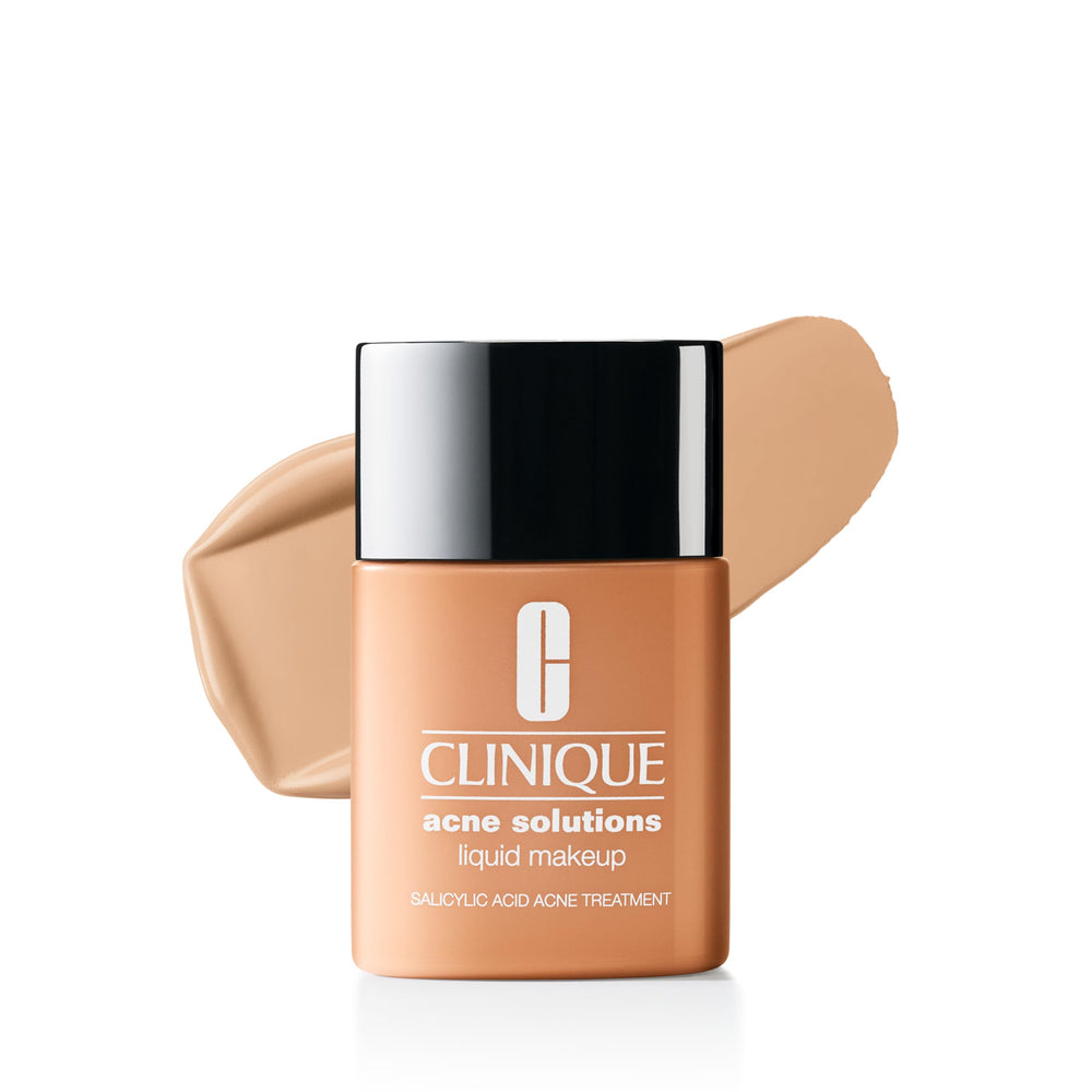 Clinique Acne Solutions Liquid Makeup bottle demonstrates oil-free formula with long wear.