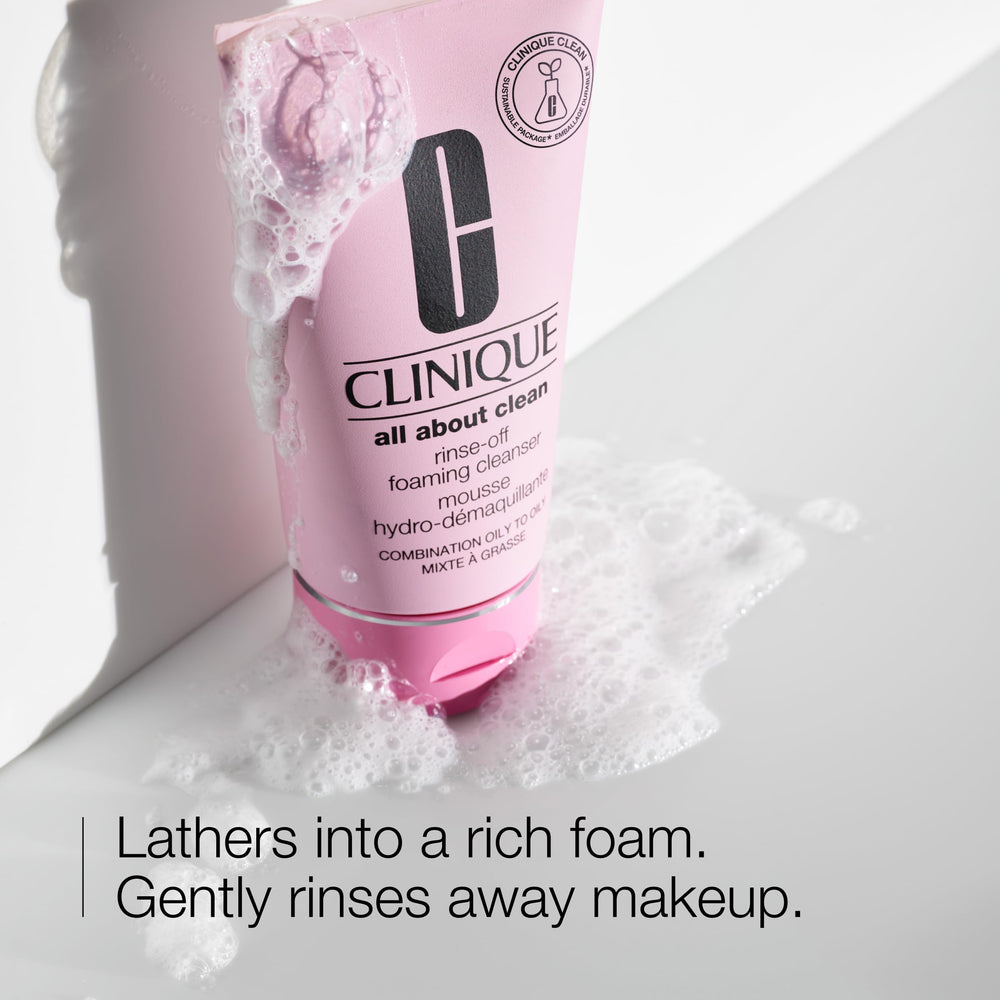Close-up of rich foam from Clinique All About Clean showing a conditioning, non-drying lather.