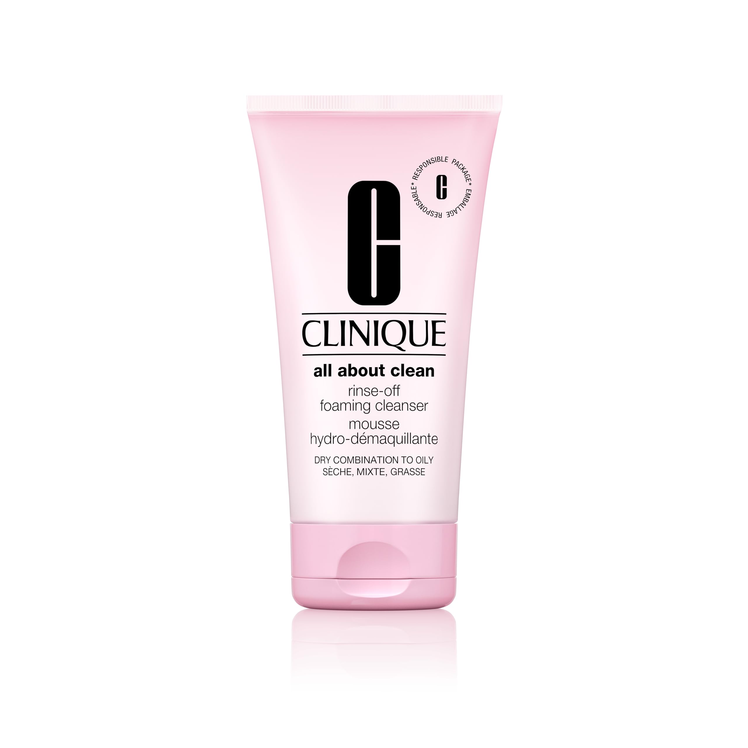Clinique All About Clean bottle pour shows a gentle foaming cleanser for makeup and sunscreen removal.