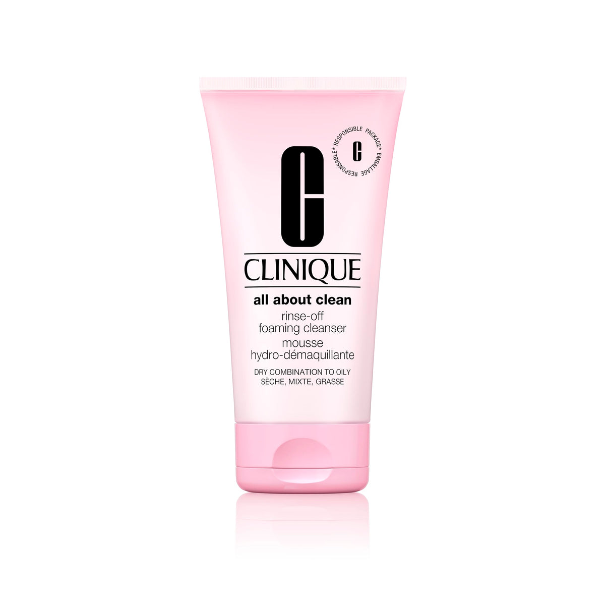 Clinique All About Clean bottle pour shows a gentle foaming cleanser for makeup and sunscreen removal.