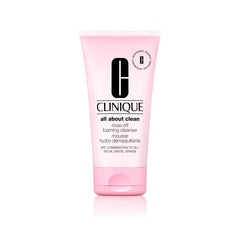 Clinique All About Clean bottle pour shows a gentle foaming cleanser for makeup and sunscreen removal.