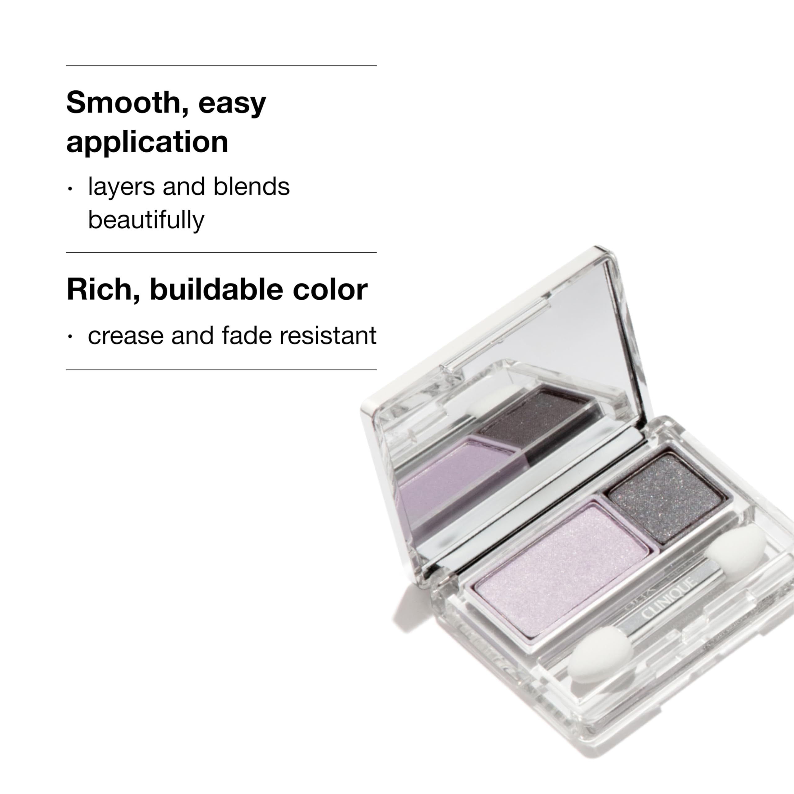 Clinique All About Shadow Duo crease-resistant color provides long-lasting definition.