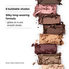 Clinique All About Shadow silky, long-wear powder formula highlighted for smooth application.