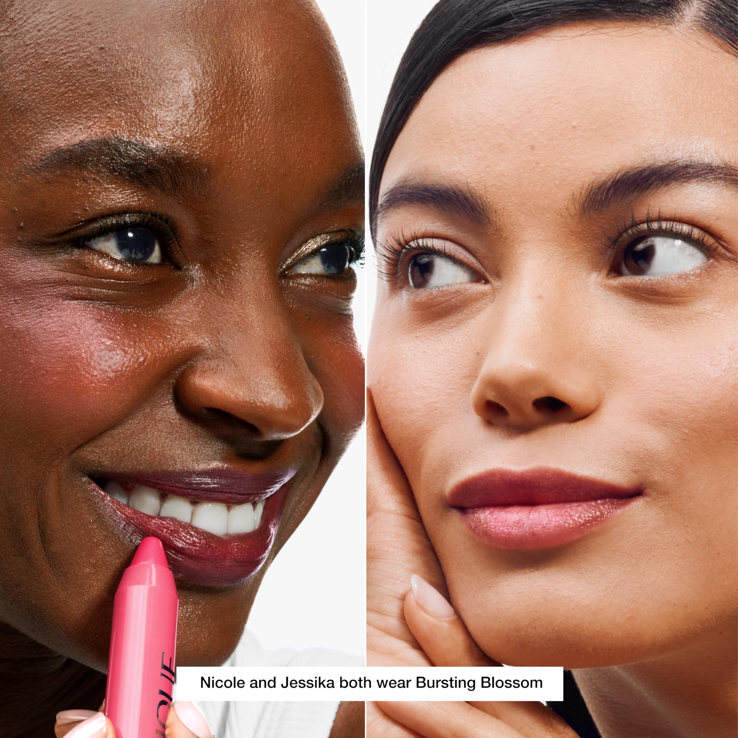 Moisturizing lip balm texture with mango and shea butter on lips.