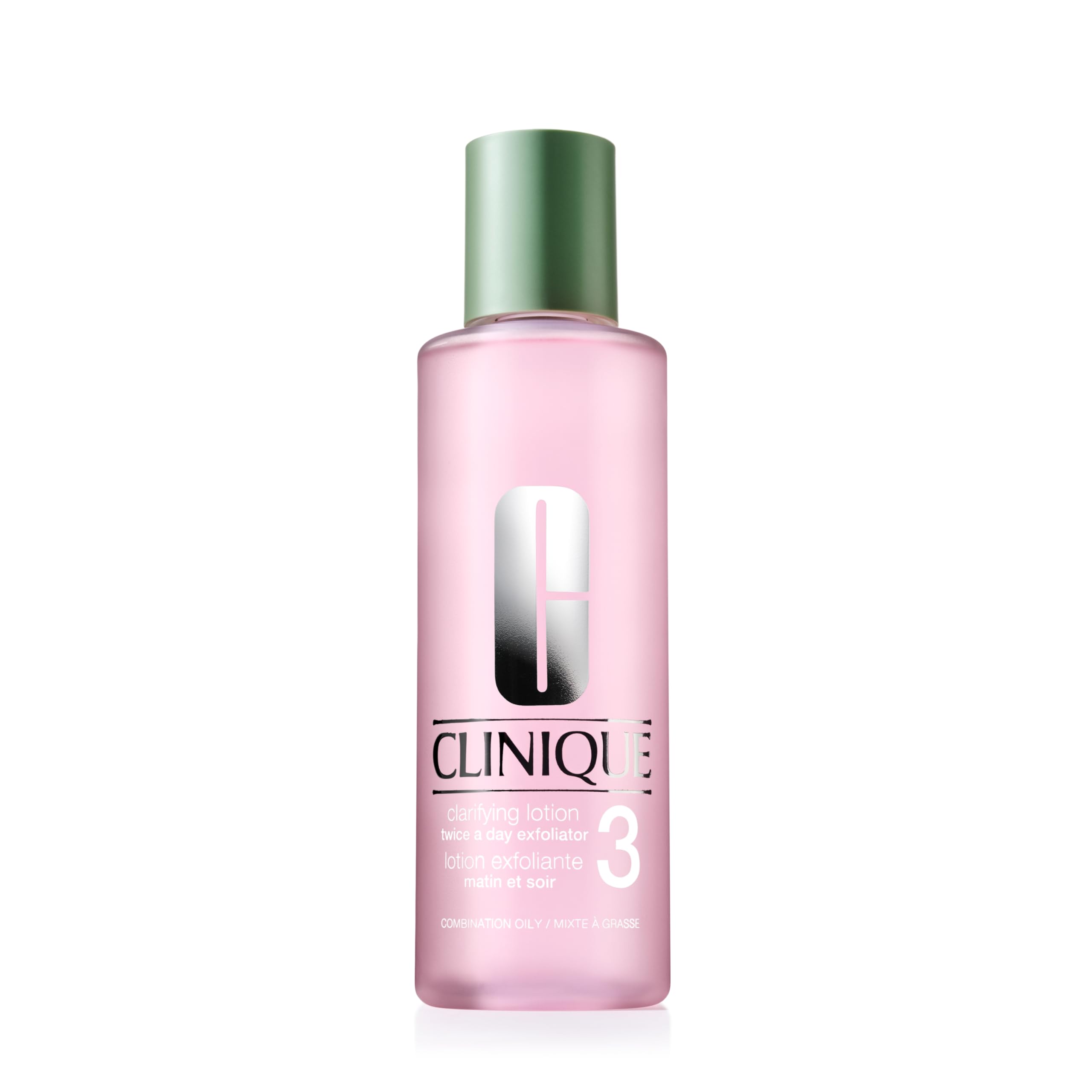 Clinique Clarifying Lotion 3 bottle front shows daily exfoliation use