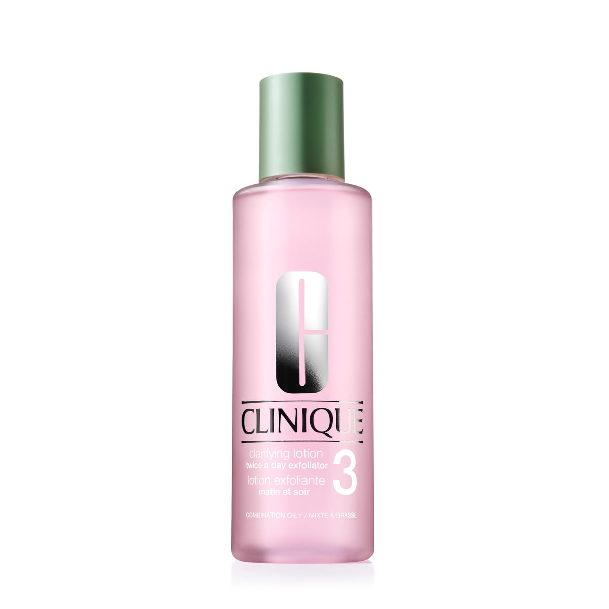 Clinique Clarifying Lotion 3 bottle front shows daily exfoliation use