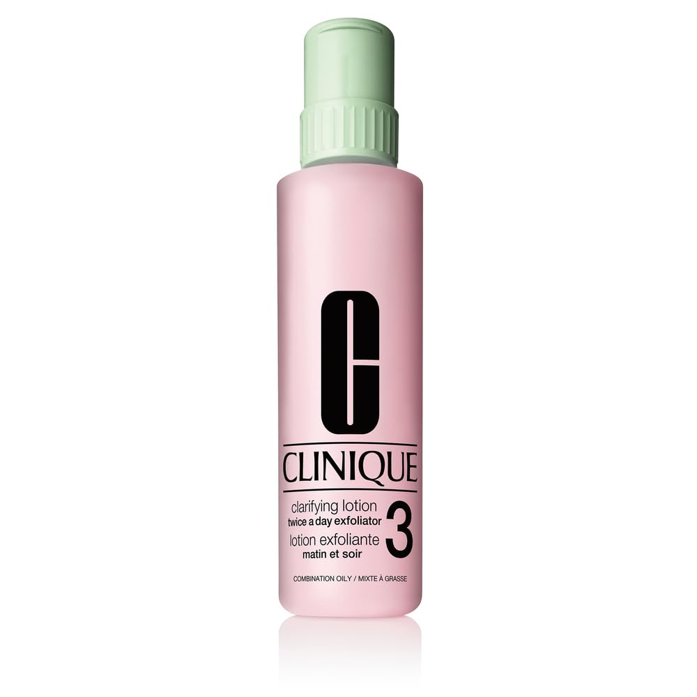 Clinique Clarifying Lotion 3-step bottle pour demonstrates daily exfoliation and oil control.