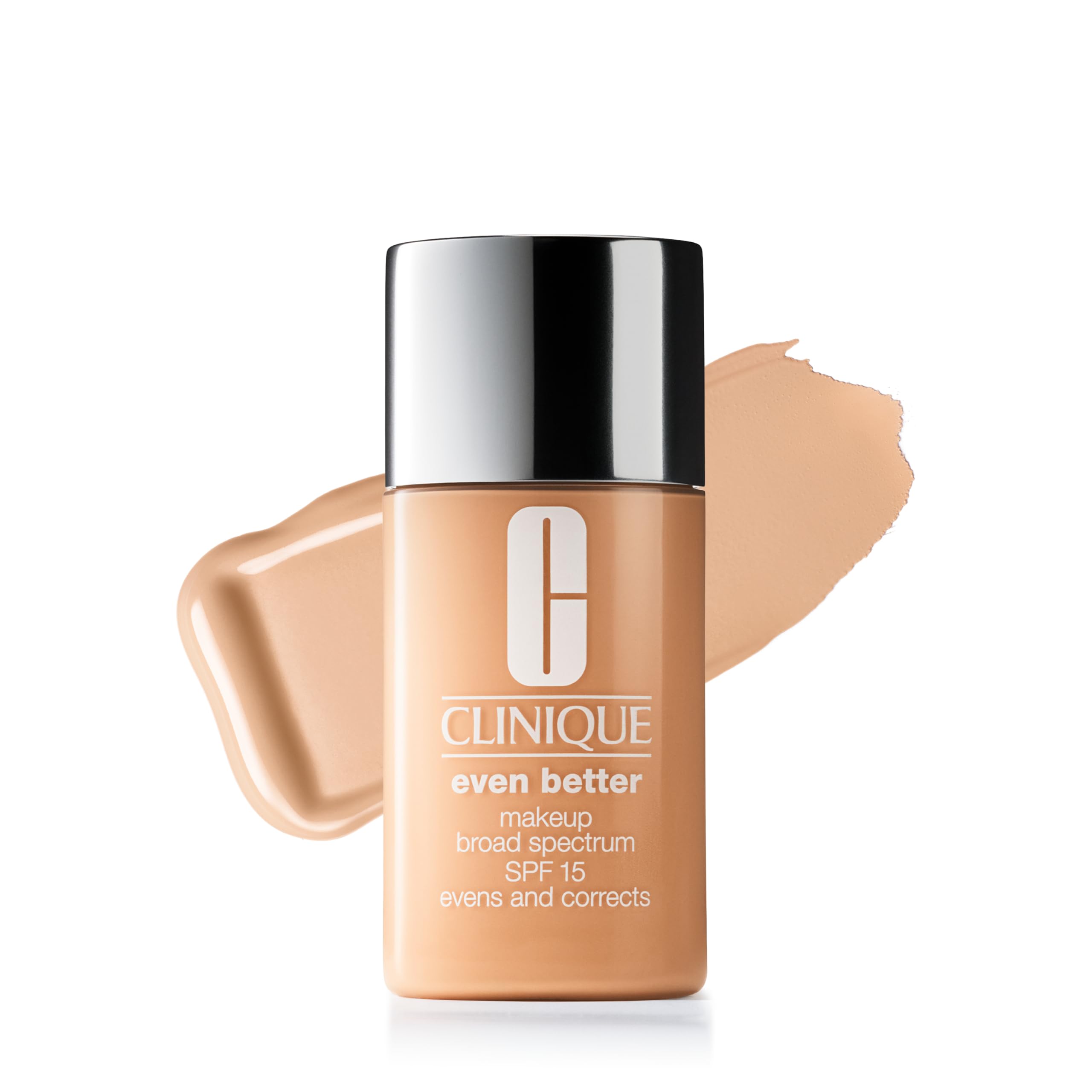 Clinique Even Better foundation bottle close-up showing natural finish and long wear.