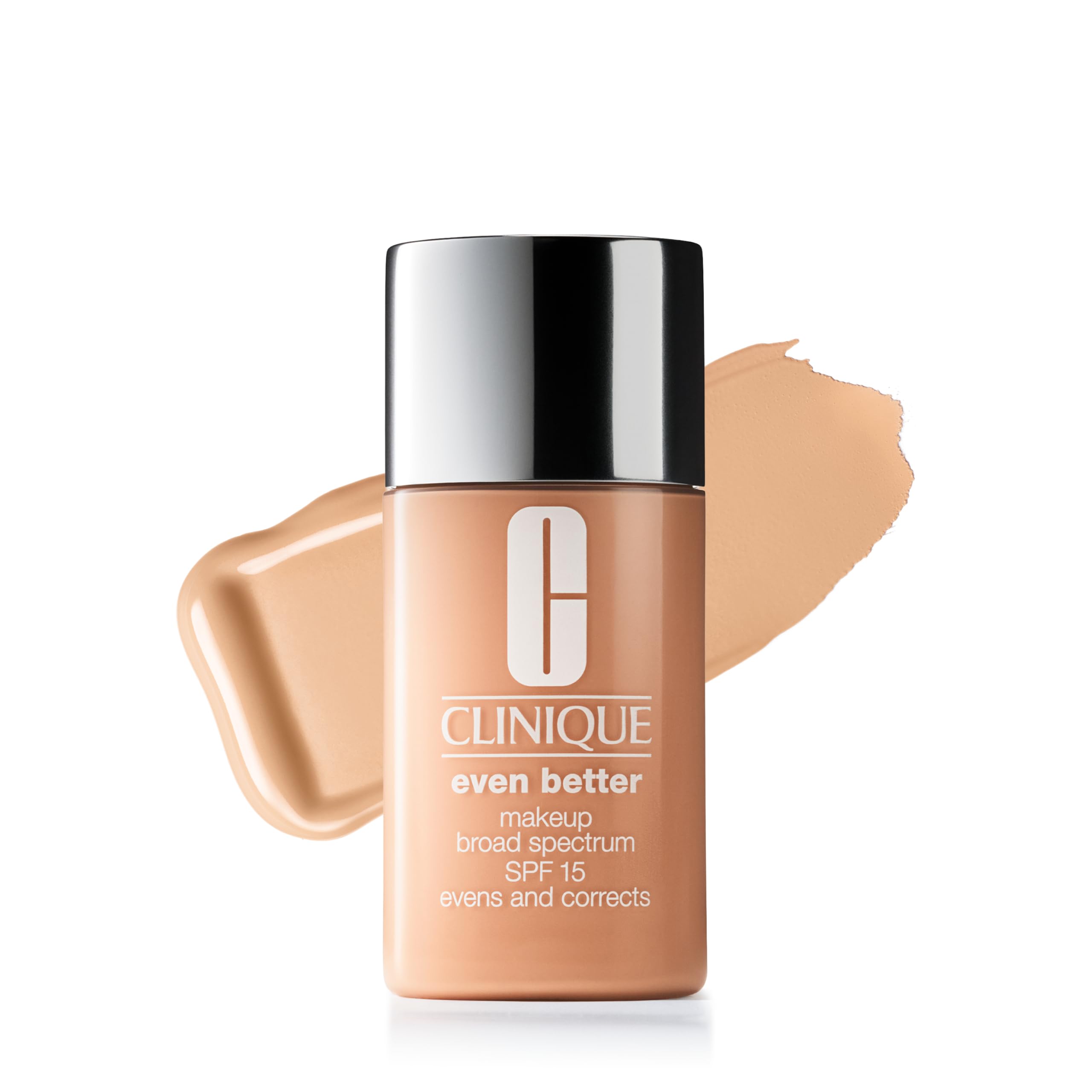 Clinique Even Better Makeup bottle closeup showing natural finish and SPF protection.