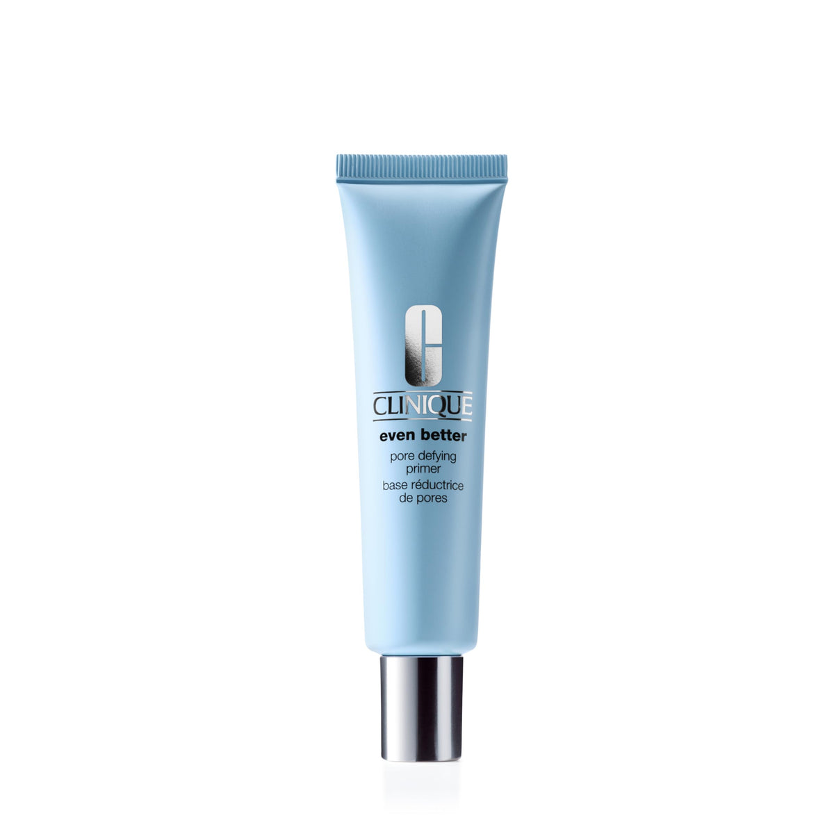 Clinique Even Better Pore Defying Primer bottle highlights pore-blurring, oil-control benefits for a smooth base.