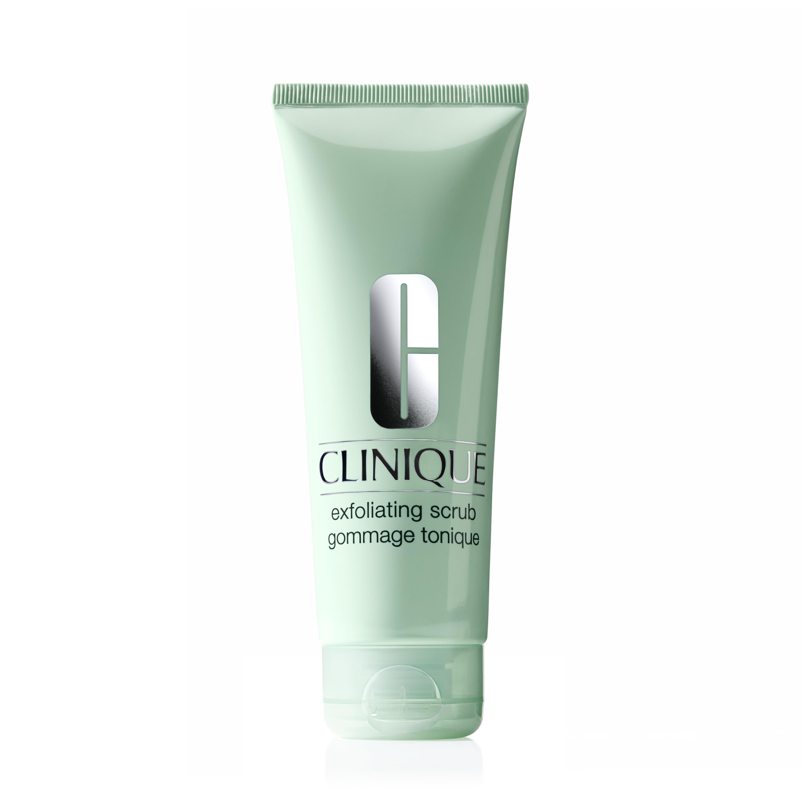 Clinique exfoliante facial en envase, sensación fresca para piel grasa.