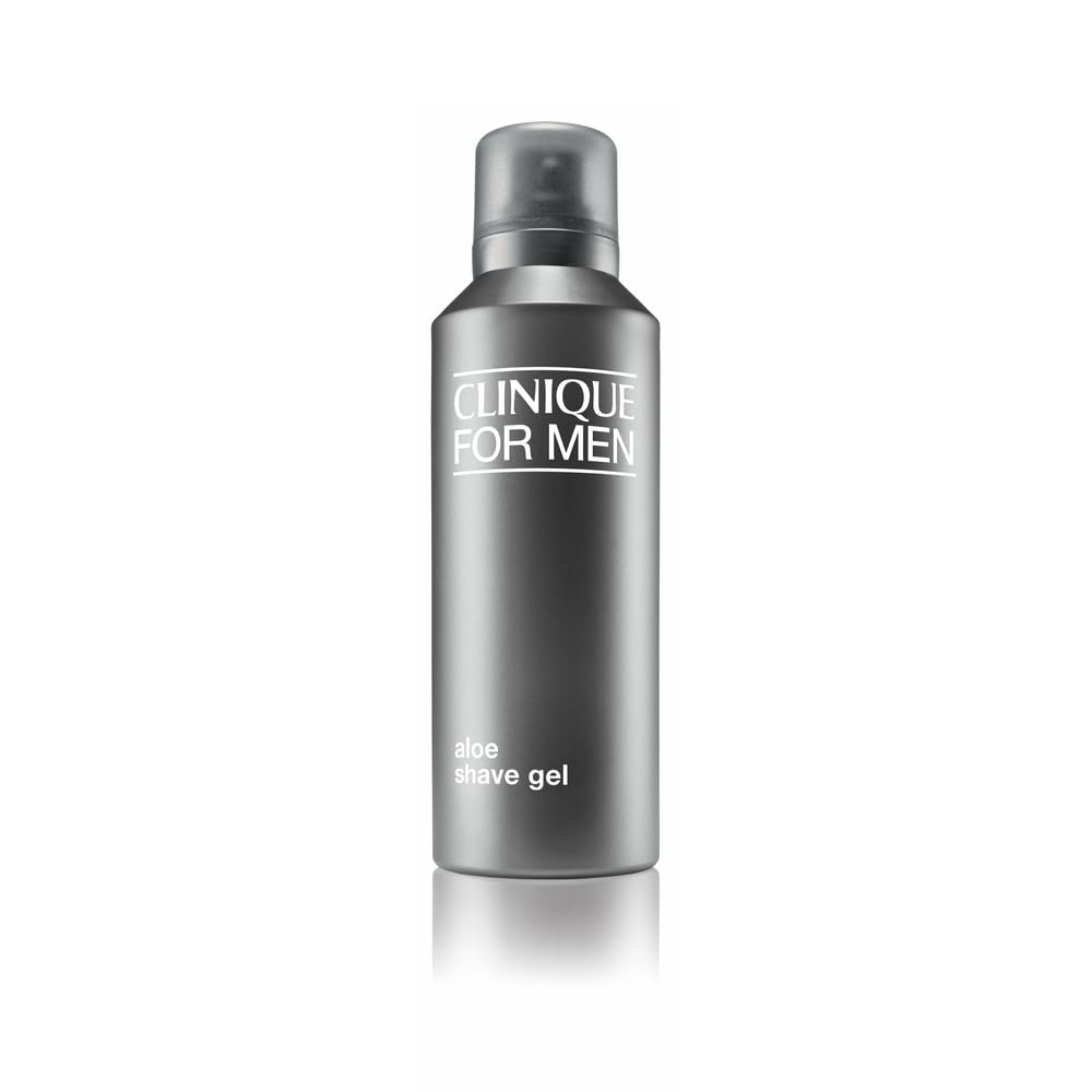 Clinique For Men Aloe Shaving Gel bottle highlights oil-free formula for all skin types.