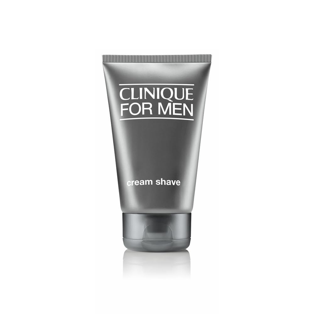 Clinique For Men Cream Shave jar closeup shows rich formula for dry skin comfort.