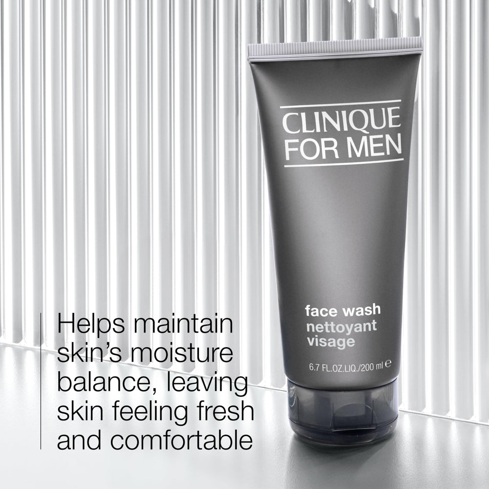 Clinique For Men Face Wash foam-lather gently removes dirt and oil while supporting moisture balance.