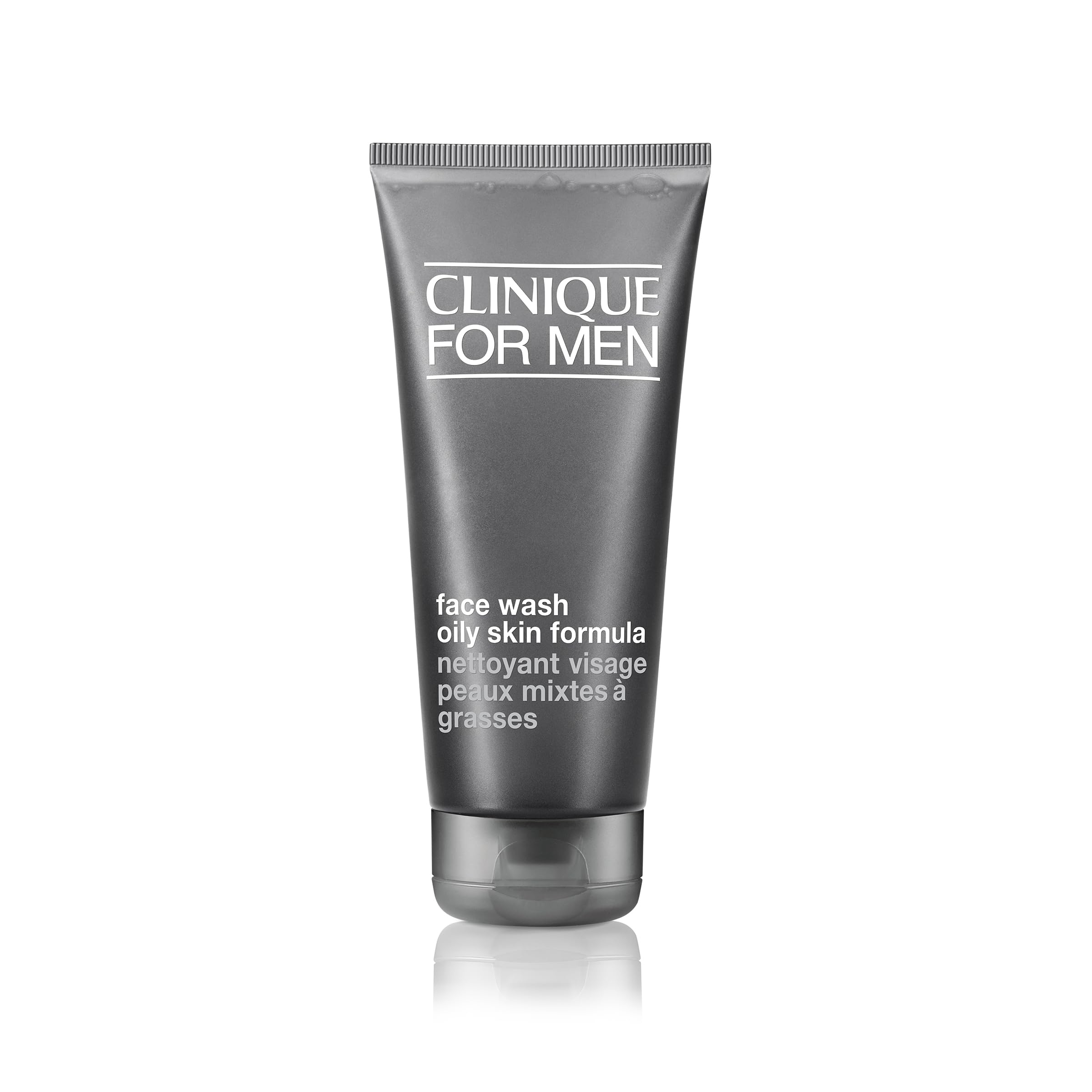 Clinique For Men oil-control face wash bottle demonstrates oil-free cleansing for refreshed skin.